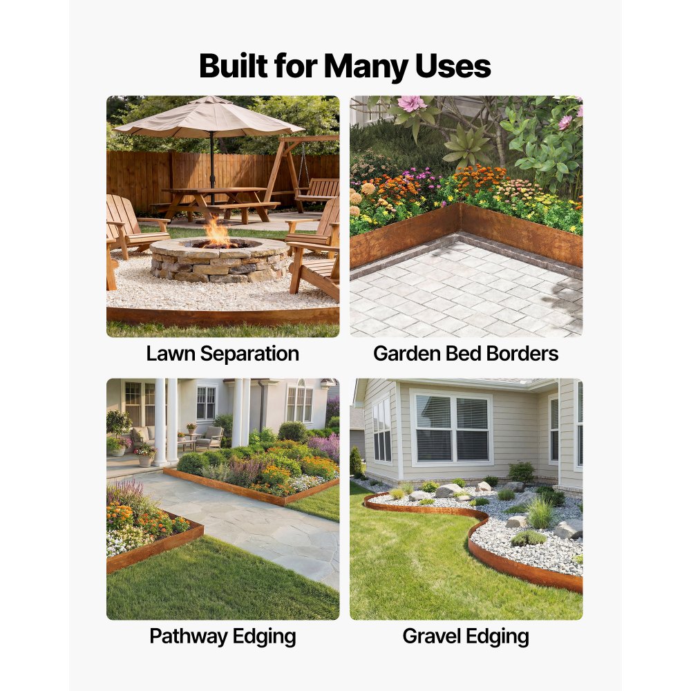 VEVOR Obrzeże trawnikowe ze stali węglowej, 10 m x 14 cm, obrzeże rabatowe z rękawicami, metalowa palisada ogrodowa, obrzeże do koszenia, obrzeże rabat do projektowania ogrodów, obrzeże rabat kwiatowych i ścieżek ogrodowych