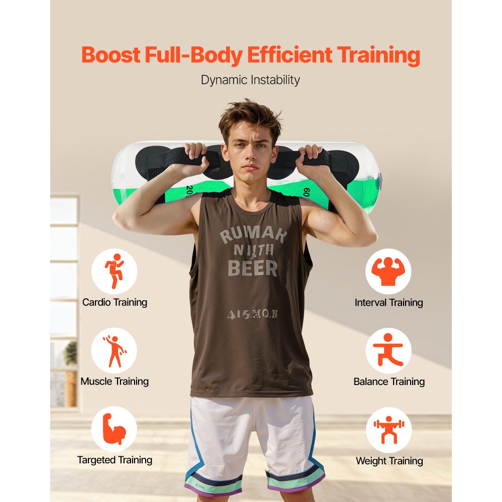 VEVOR Water Weights Aquabag Training Power Bags, 31,75 kg Regulowany przenośny sprzęt fitness do ćwiczeń stabilności i całego ciała, do treningu równowagi, ćwiczeń na siłowni, przezroczysty