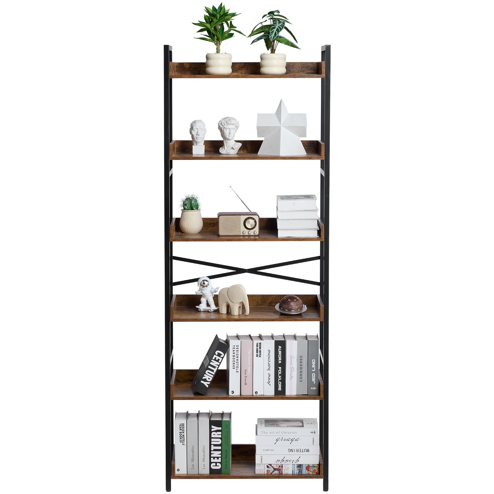 VEVOR Metal Bookshelf, 6-Tier Rectangular Industrial Bookcase, Rustic Storage Shelf with Open Shelves, Freestanding Display Shelf, Storage Shelf, for Bedroom