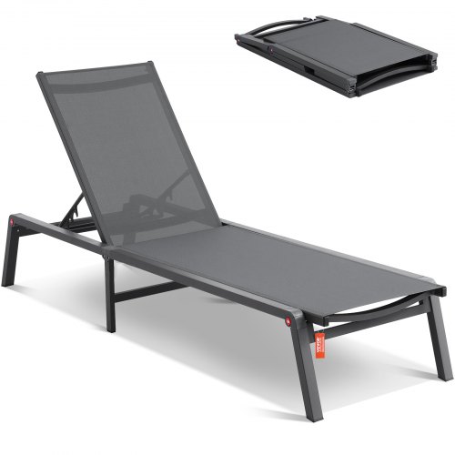 VEVOR Leżak ogrodowy, aluminiowy leżak ogrodowy z 5 regulowanymi pozycjami, składany leżak basenowy, rozkładany i całkowicie płaski leżak na patio, plażę, basen, ciemnoszary