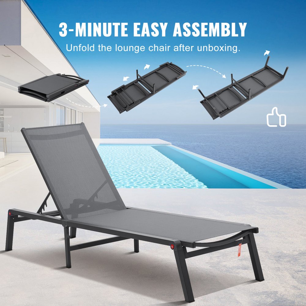 VEVOR Outdoor Chaise Lounge Chair, Aluminum Patio Lounger with 5 Adjustable Positions, Foldable Pool Lounger, Sunbed and Fully Flat Sun Chair for Patio, Beach, Pool, Dark Grey