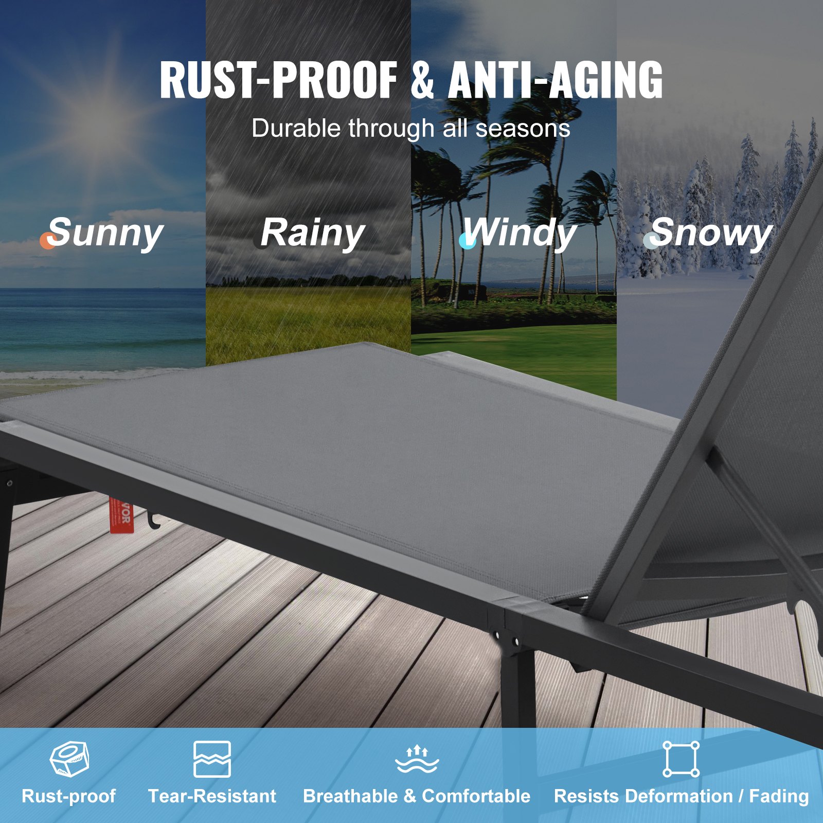 VEVOR Outdoor Chaise Lounge Chair, Aluminum Patio Lounger with 5 Adjustable Positions, Foldable Pool Lounger, Sunbed and Fully Flat Sun Chair for Patio, Beach, Pool, Dark Grey