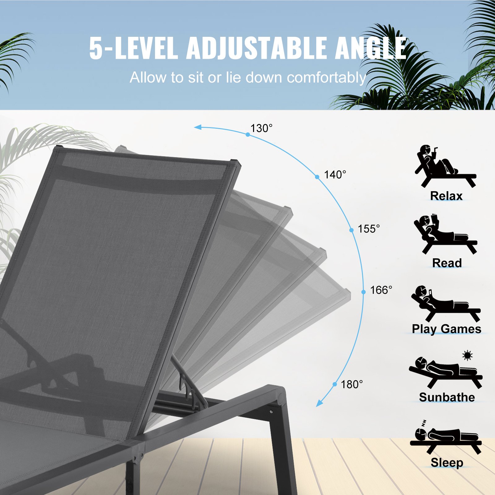 VEVOR Outdoor Chaise Lounge Chair, Aluminum Patio Lounger with 5 Adjustable Positions, Foldable Pool Lounger, Sunbed and Fully Flat Sun Chair for Patio, Beach, Pool, Dark Grey