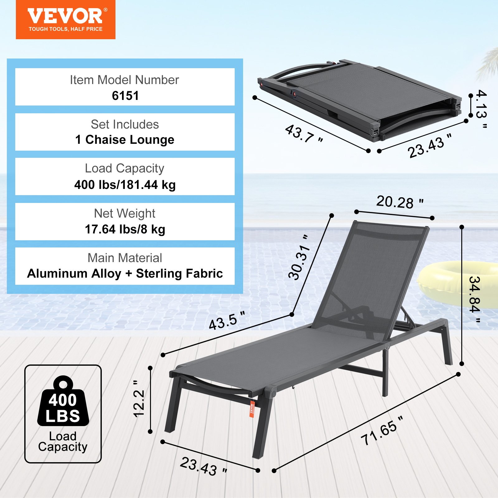 VEVOR Outdoor Chaise Lounge Chair, Aluminum Patio Lounger with 5 Adjustable Positions, Foldable Pool Lounger, Sunbed and Fully Flat Sun Chair for Patio, Beach, Pool, Dark Grey