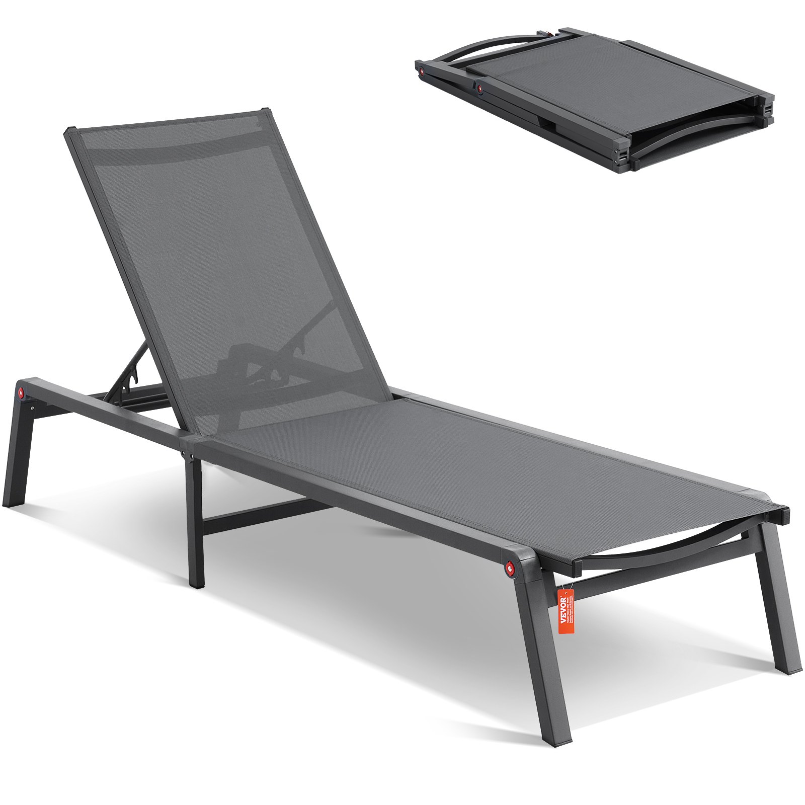 VEVOR Outdoor Chaise Lounge Chair, Aluminum Patio Lounger with 5 Adjustable Positions, Foldable Pool Lounger, Sunbed and Fully Flat Sun Chair for Patio, Beach, Pool, Dark Grey