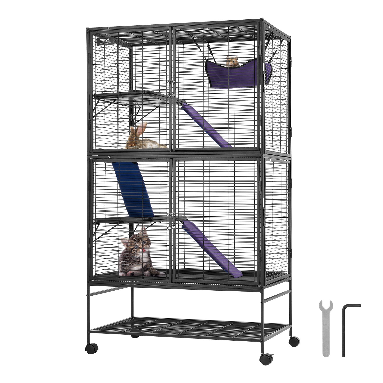 VEVOR 64,6" metalowa klatka na kółkach dla fretki, duża, 4-piętrowa klatka Critter Nation, klatka dla małych zwierząt z rampami i tacką, łatwa w montażu dla szczurów domowych, chomików, świnek morskich, szynszyli, wiewiórek, jeży i królików