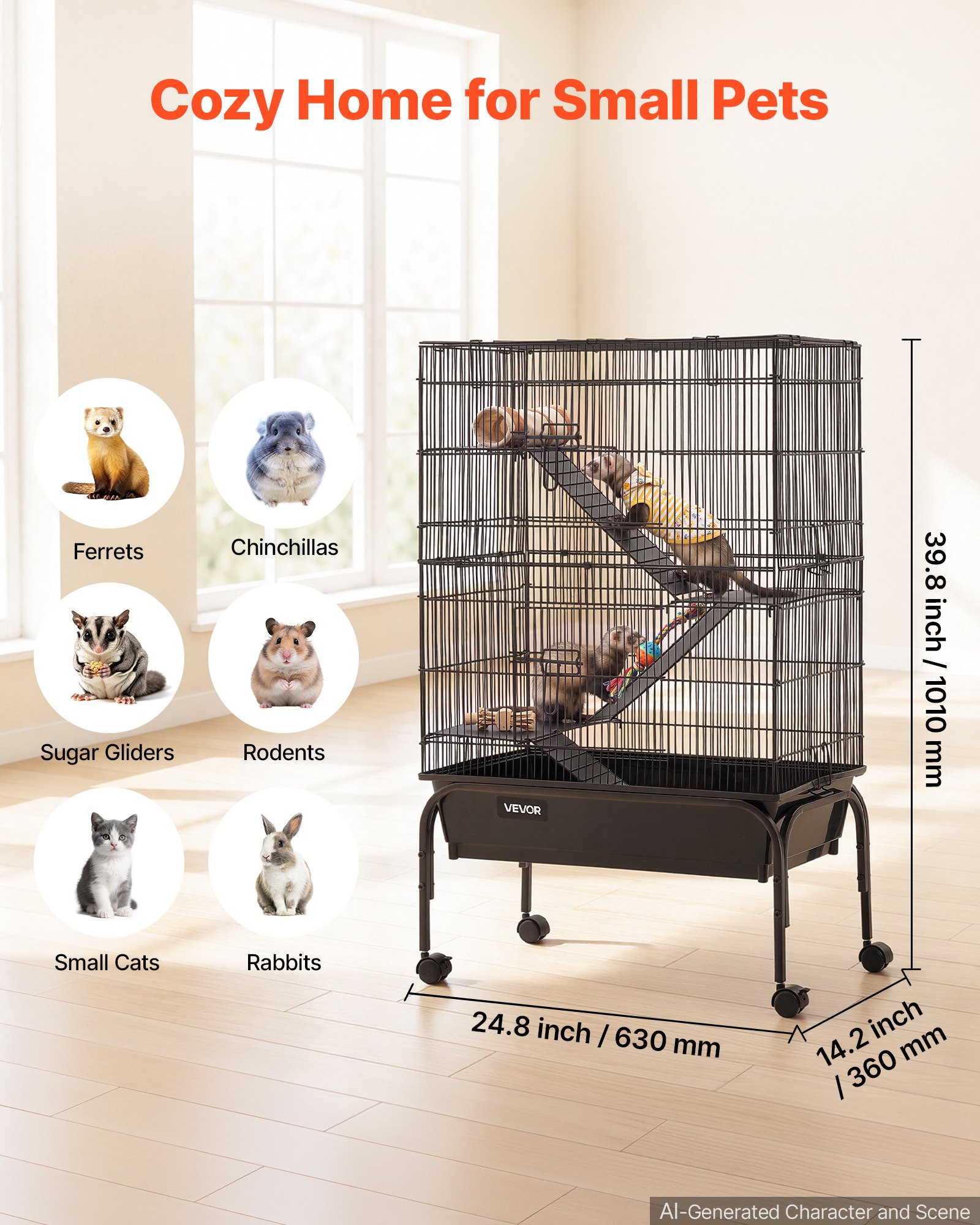 Klatka dla małych zwierząt VEVOR, metalowa klatka dla fretki, wybieg dla małych zwierząt, 63 x 36 x 101 cm, dla fretek, szynszyli, latających wiewiórek, świnek morskich i królików, 3-piętrowa, rozstaw drutów 13,97 mm, blokowane kółka obrotowe