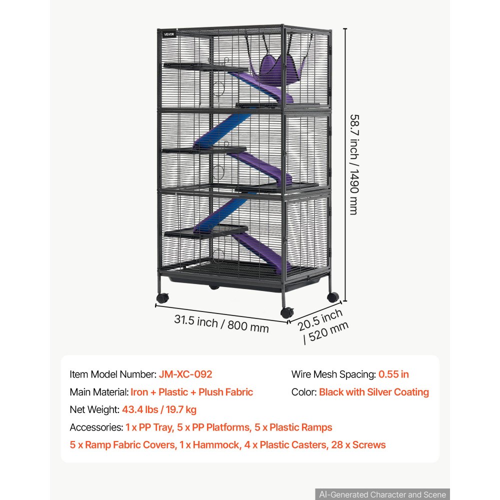 Klatka dla małych zwierząt VEVOR, metalowa klatka dla fretki, wybieg dla małych zwierząt, 80 x 52 x 149 cm, dla fretek, szynszyli, latających wiewiórek, świnek morskich i królików, 6-piętrowa, rozstaw drutów 13,97 mm, blokowane kółka obrotowe