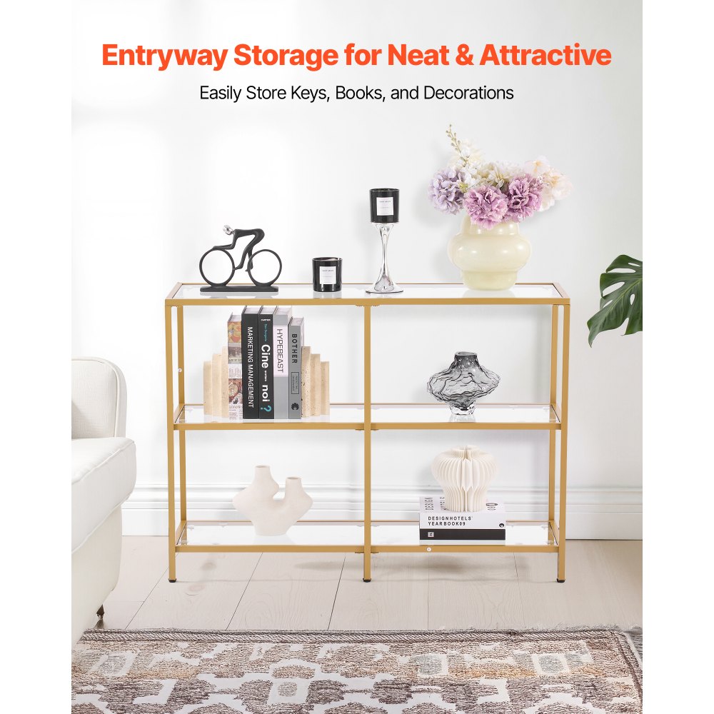 VEVOR 3-Tier Glass Console Table, Modern Rectangle Sofa Side Table with Tempered Glass Top and Iron Legs, Golden Consloe Desk with Anti-Tip Device for Living Room, Hallway, Entryway, Foyer, Golden
