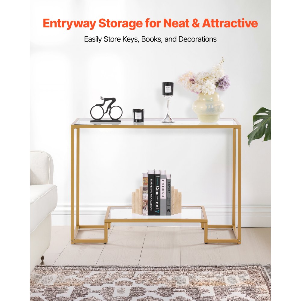 VEVOR 2-poziomowy stolik konsolowy, nowoczesny, prostokątny stolik do przedpokoju (107 x 35,4 x 75,5 cm) z blatem ze szkła hartowanego, stolik boczny do sofy z zabezpieczeniem antypoślizgowym do salonu, przedpokoju, holu