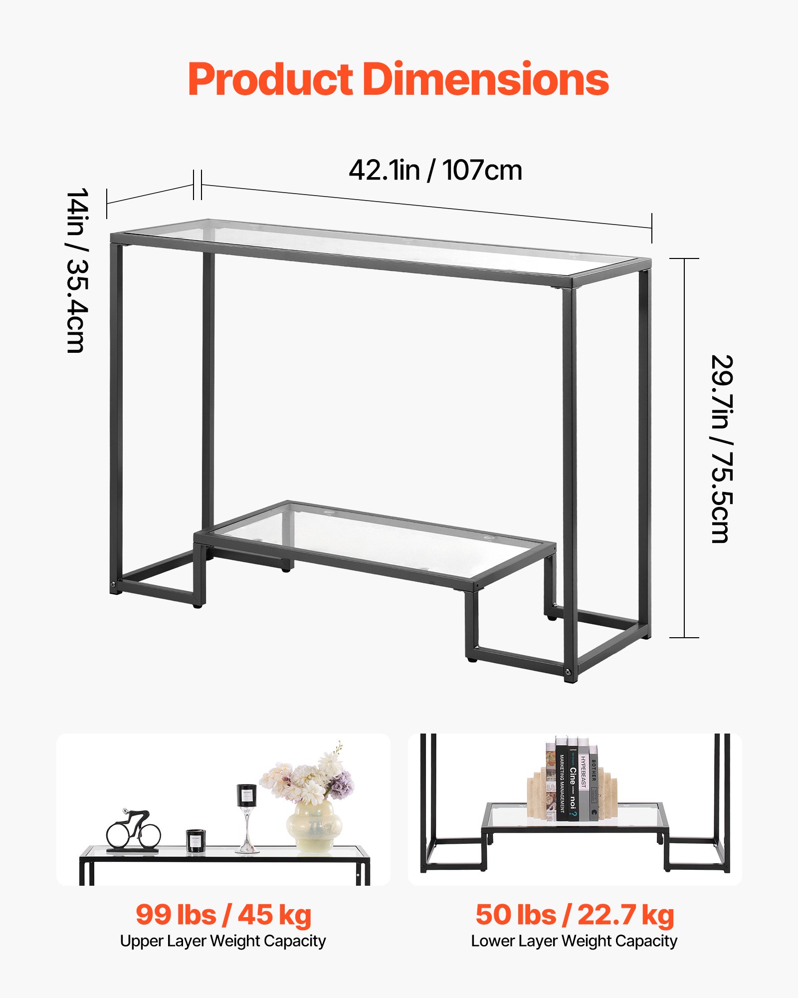 VEVOR 2-poziomowy stolik konsolowy, nowoczesny, prostokątny stolik do przedpokoju (107 x 35,4 x 75,5 cm) z blatem ze szkła hartowanego, stolik boczny do sofy z zabezpieczeniem antypoślizgowym do salonu, przedpokoju, holu
