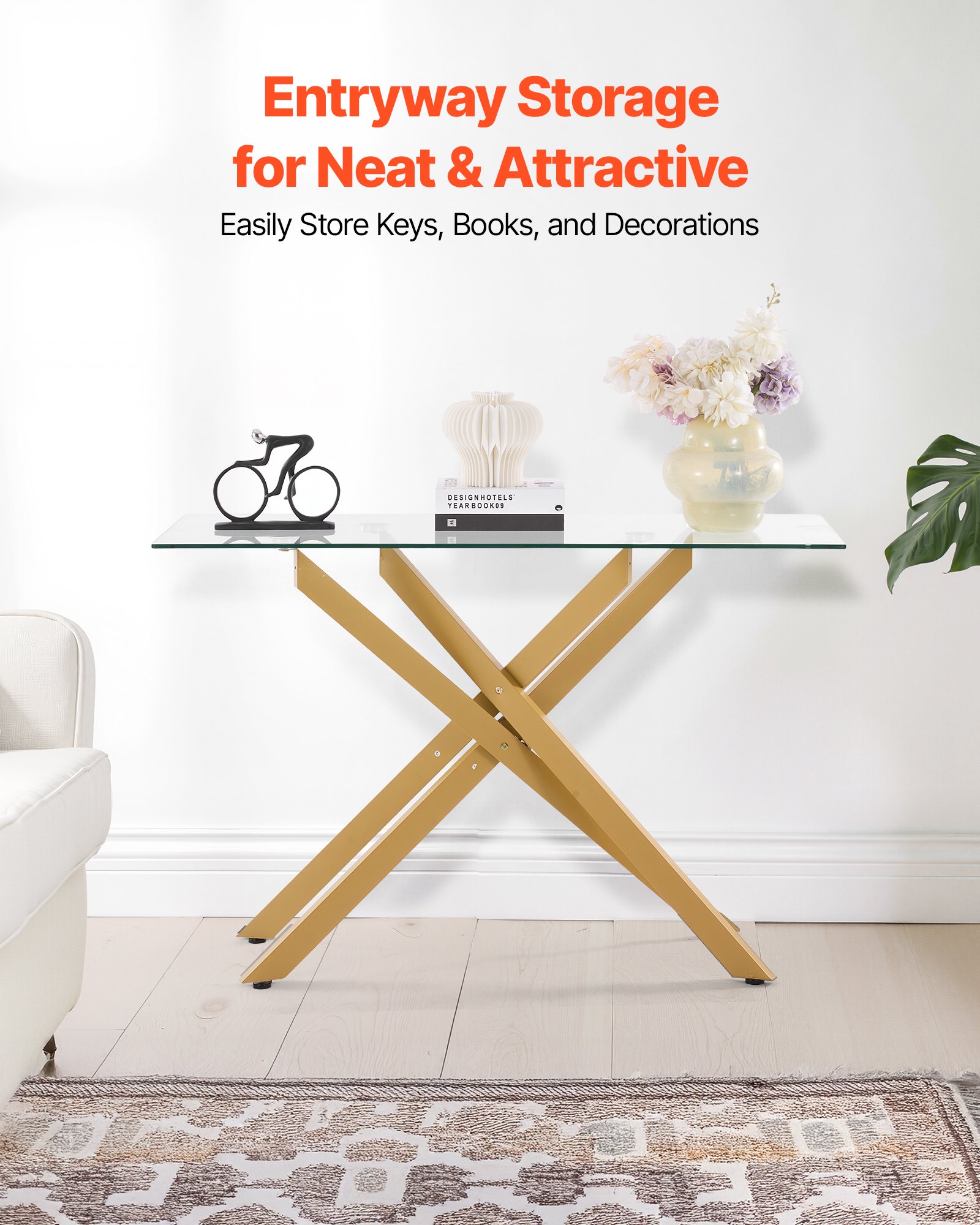 VEVOR Szklany stolik konsolowy, prostokątny stolik do przedpokoju (114,3 cm) z blatem ze szkła hartowanego i skrzyżowanymi nogami z żelaza, stolik boczny z antypoślizgowymi nóżkami do salonu, przedpokoju i na korytarz