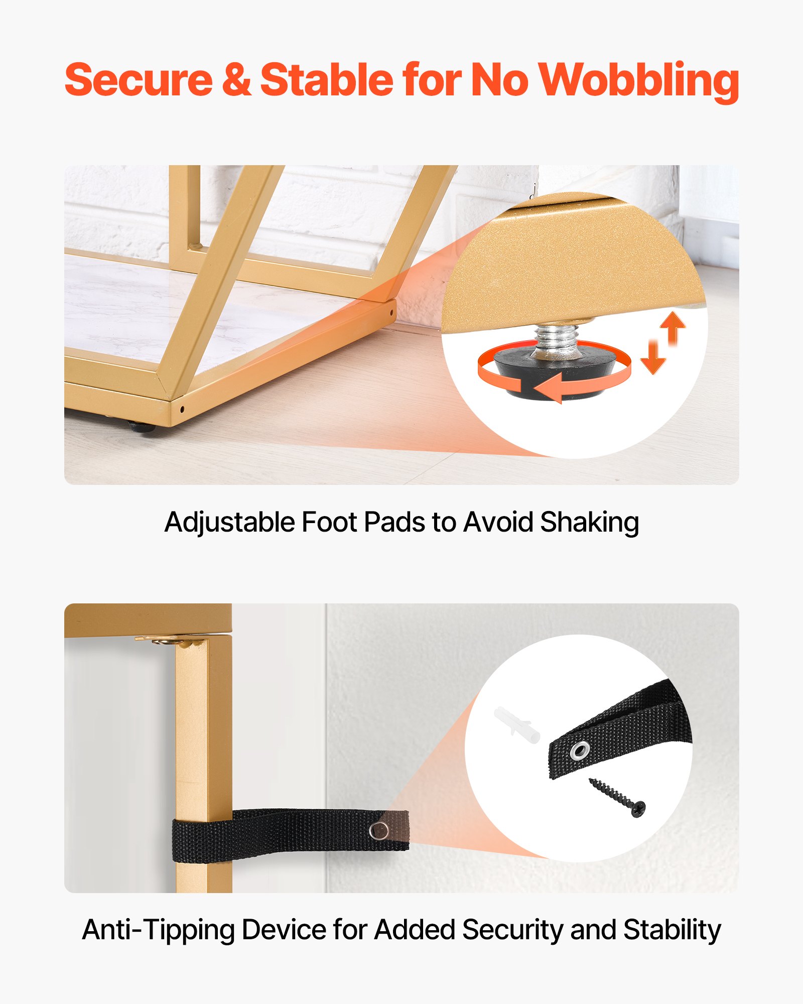 VEVOR Marmurowy stolik konsolowy, nowoczesny stolik do przedpokoju z 3 poziomami (180 x 35 x 91 cm) do przechowywania w otwartej przestrzeni, złoty geometryczny stolik z żelaznymi rurkami, zabezpieczenie przed przewróceniem i trójkątny wspornik