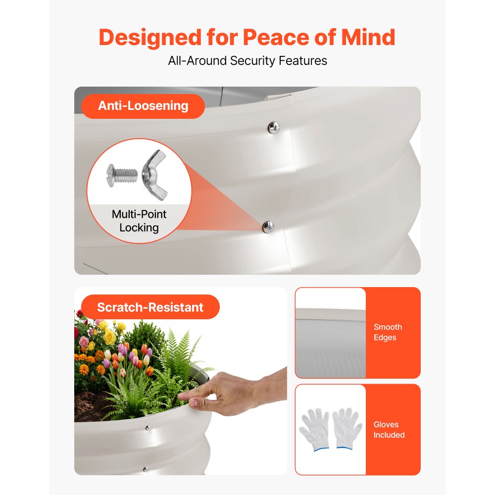 VEVOR Metalowa podniesiona grządka ogrodowa, zestaw 3 szt., φ60 x 30 cm, okrągła grządka ogrodowa, zestaw doniczek ogrodowych, grządka warzywna z rękawiczkami, grządka bez dna, grządka do kwiatów, ziół i warzyw, beżowa