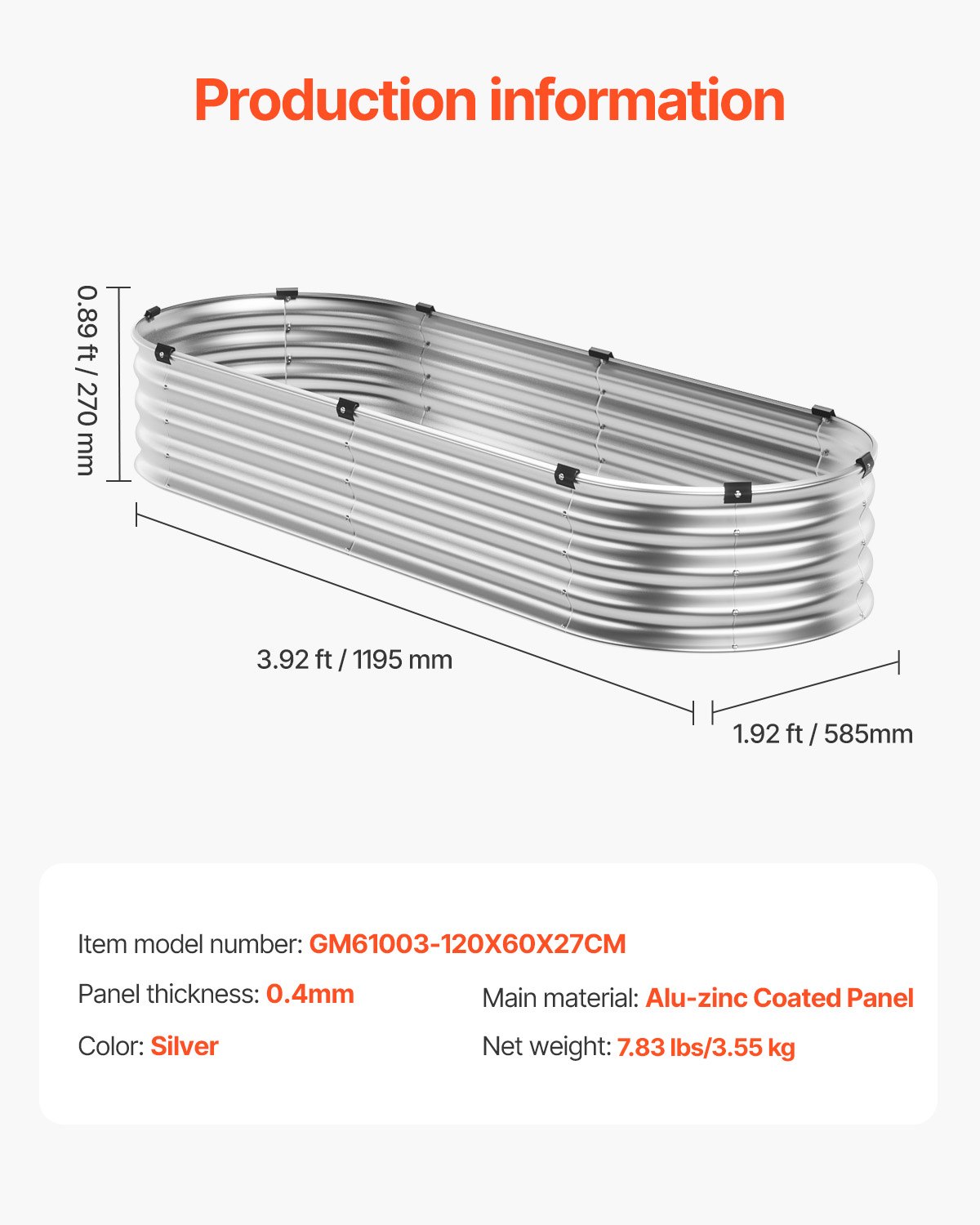 VEVOR Metalowa podniesiona donica, 1195x585x270 mm Duża ocynkowana donica ogrodowa z otwartym dnem, owalna do uprawy warzyw, kwiatów, ziół i sukulentów, srebrna