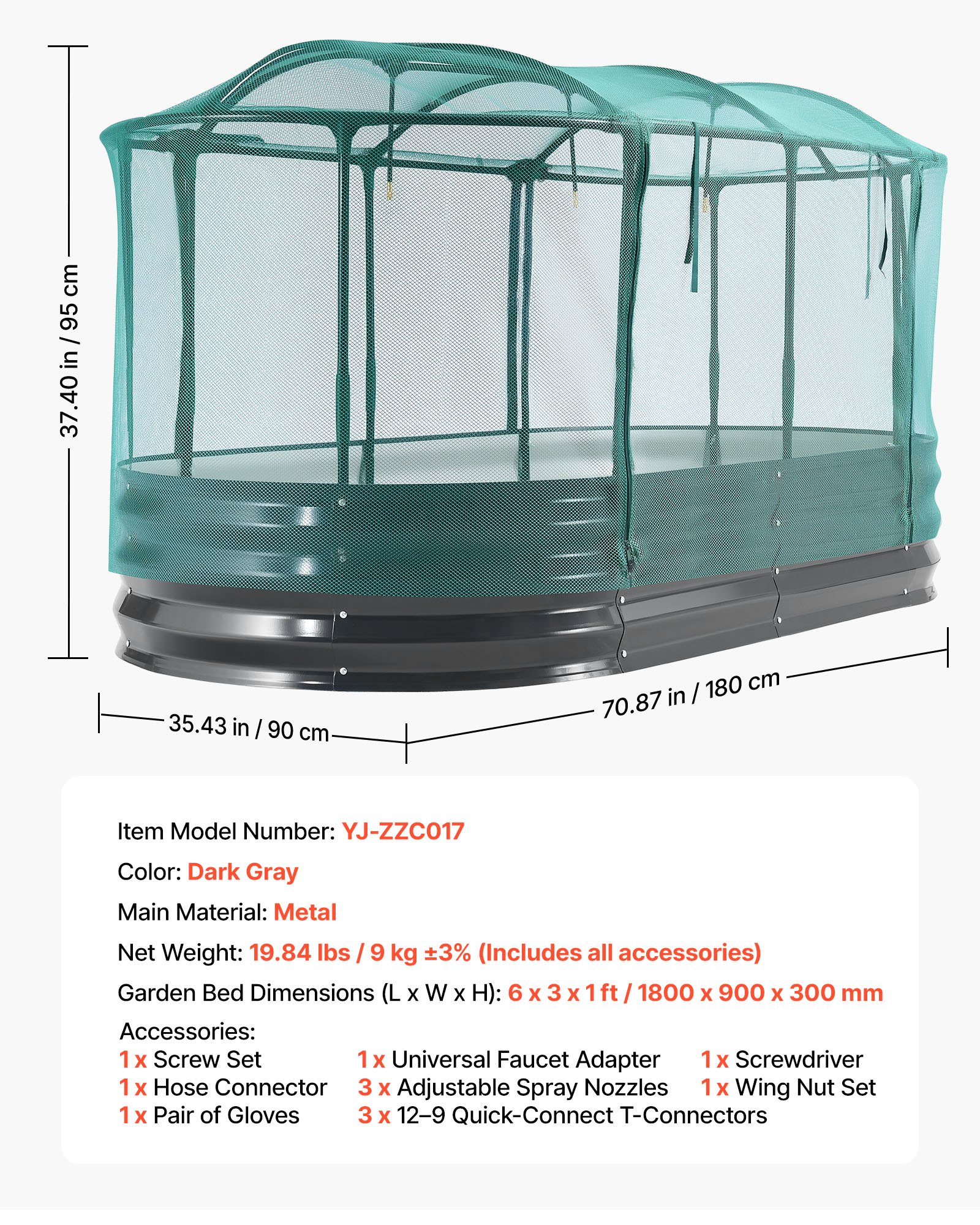 VEVOR Podwyższona grządka ogrodowa 180x90x30 cm, owalna grządka ogrodowa z systemem nawadniającym i siatką, zestaw do sadzenia na zewnątrz, grządka kwiatowa, grządka do sadzenia, odpowiednia do kwiatów, owoców i warzyw, ciemnoszara
