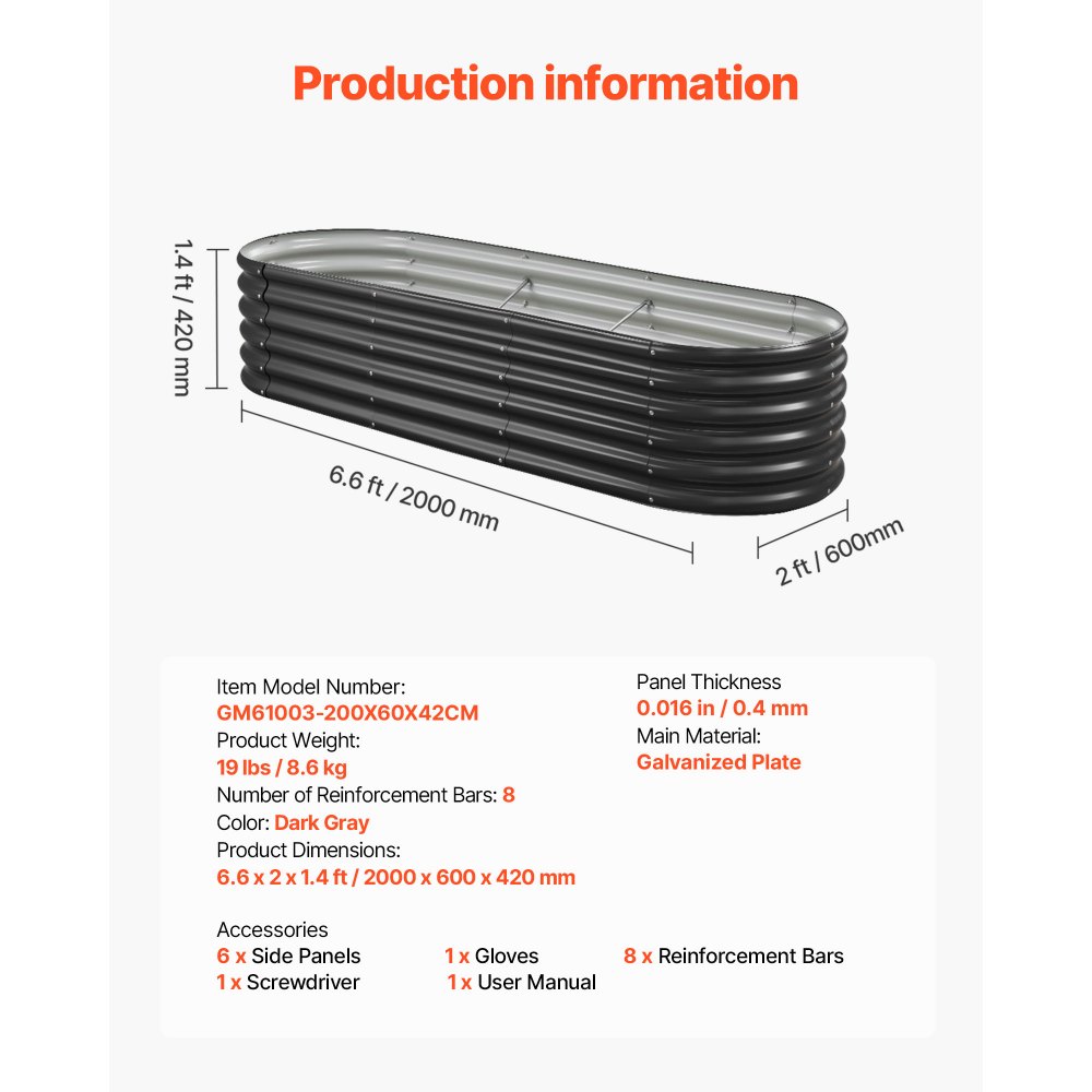 VEVOR Podwyższona grządka ogrodowa, metalowa, 2000x600x420 mm, grządka do sadzenia, grządka warzywna, donica z otwartym dnem i zaokrąglonymi krawędziami, grządka kwiatowa, grządka ziołowa, idealna do warzyw, kwiatów, ziół i sukulentów, owalna