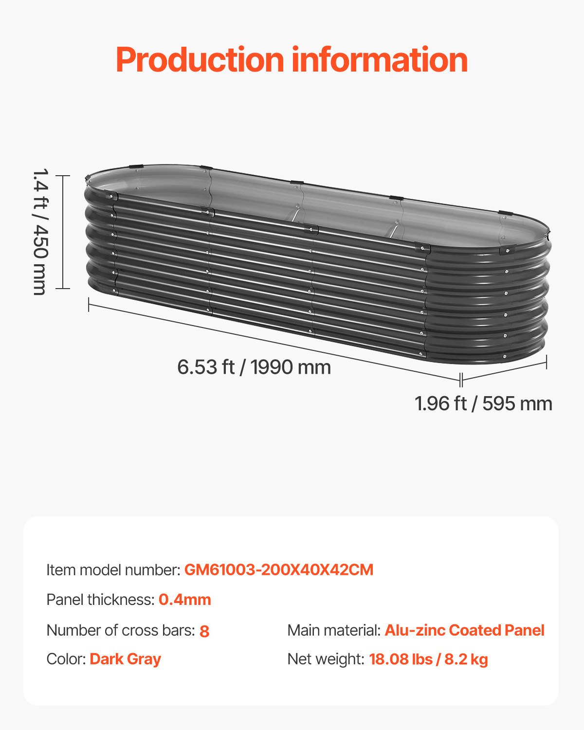 Metalowa donica podwyższona VEVOR, 1190 x 595 x 420 mm, ocynkowana, donica ogrodowa, do sadzenia w otwartym gruncie, do uprawy warzyw, kwiatów, ziół i sukulentów, ciemnoszara