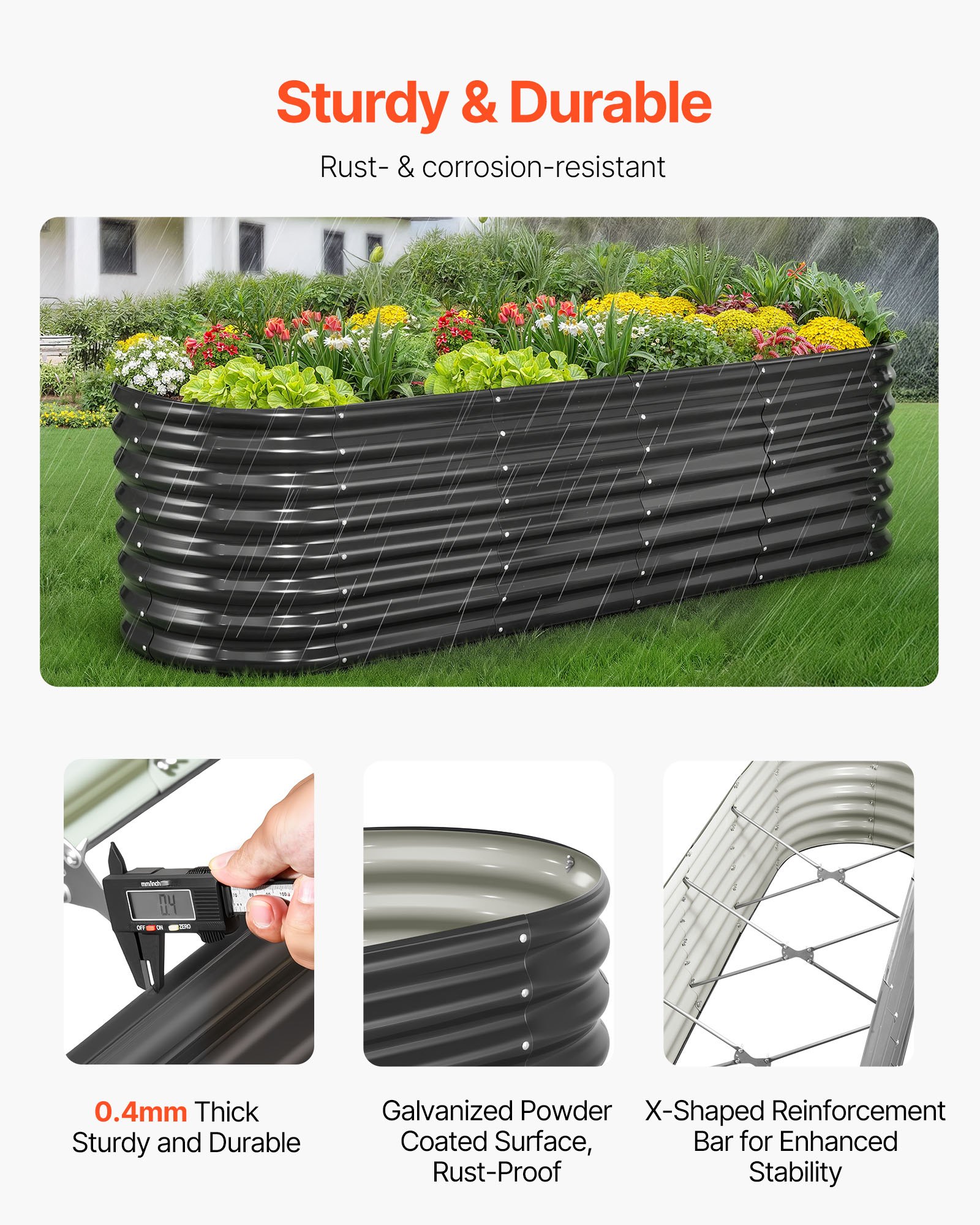 VEVOR Podwyższona grządka ogrodowa, metalowa, 2400x600x600 mm, grządka do sadzenia, grządka warzywna, donica z otwartym dnem i zaokrąglonymi krawędziami, grządka kwiatowa, grządka ziołowa, idealna do warzyw, kwiatów, ziół i sukulentów