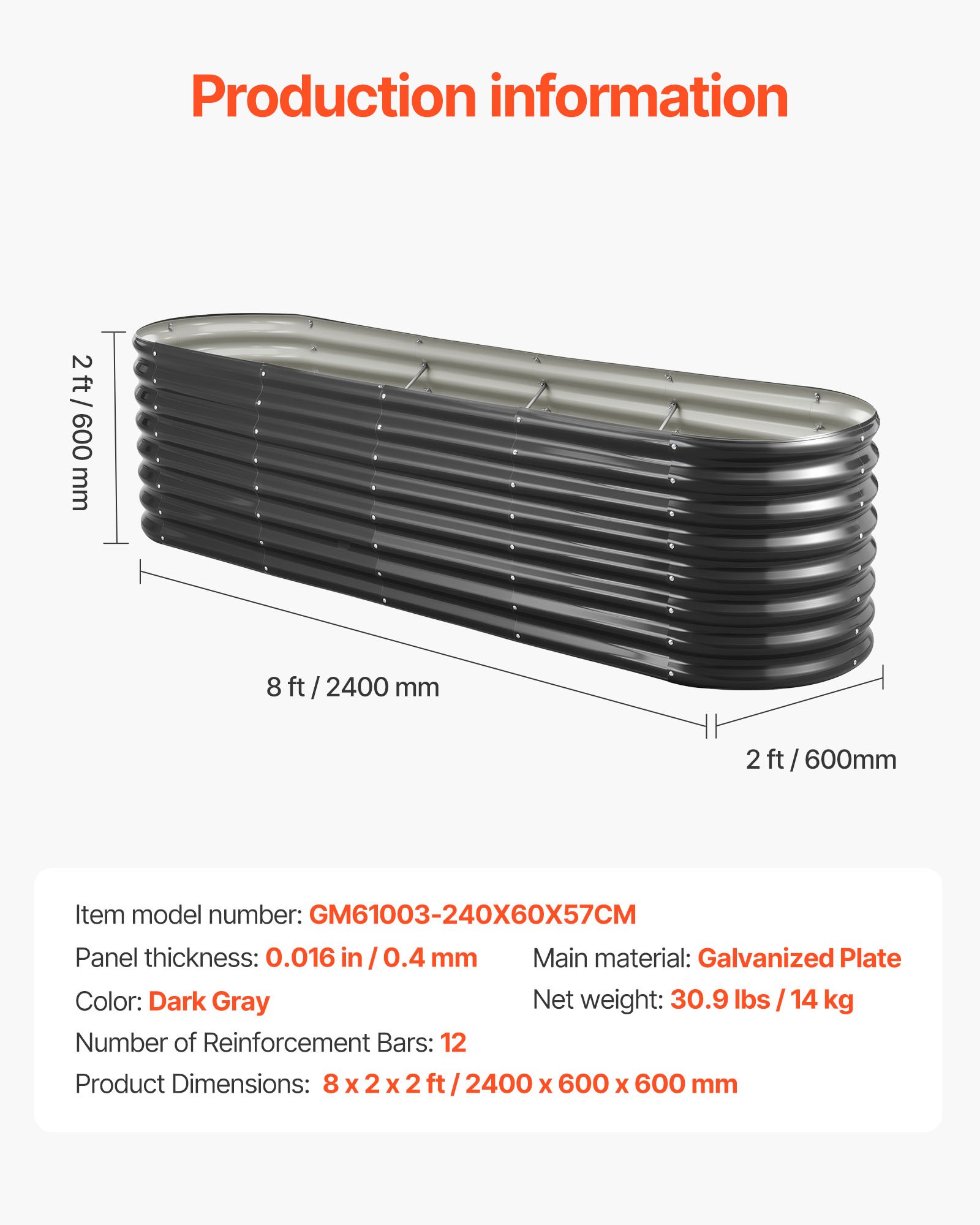 VEVOR Podwyższona grządka ogrodowa, metalowa, 2400x600x600 mm, grządka do sadzenia, grządka warzywna, donica z otwartym dnem i zaokrąglonymi krawędziami, grządka kwiatowa, grządka ziołowa, idealna do warzyw, kwiatów, ziół i sukulentów