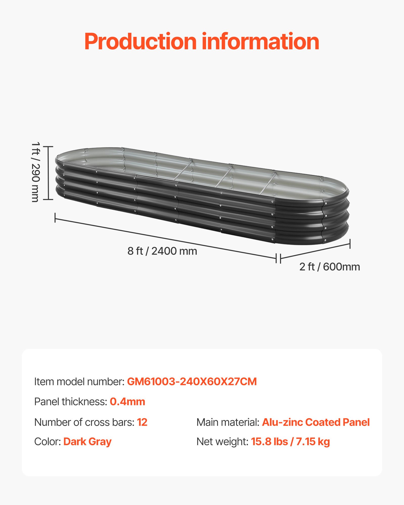 VEVOR Podwyższona grządka ogrodowa, metalowa, 2400x600x290 mm, grządka do sadzenia, grządka warzywna, donica z otwartym dnem i zaokrąglonymi krawędziami, grządka kwiatowa, grządka ziołowa, idealna do warzyw, kwiatów, ziół i sukulentów, owalna