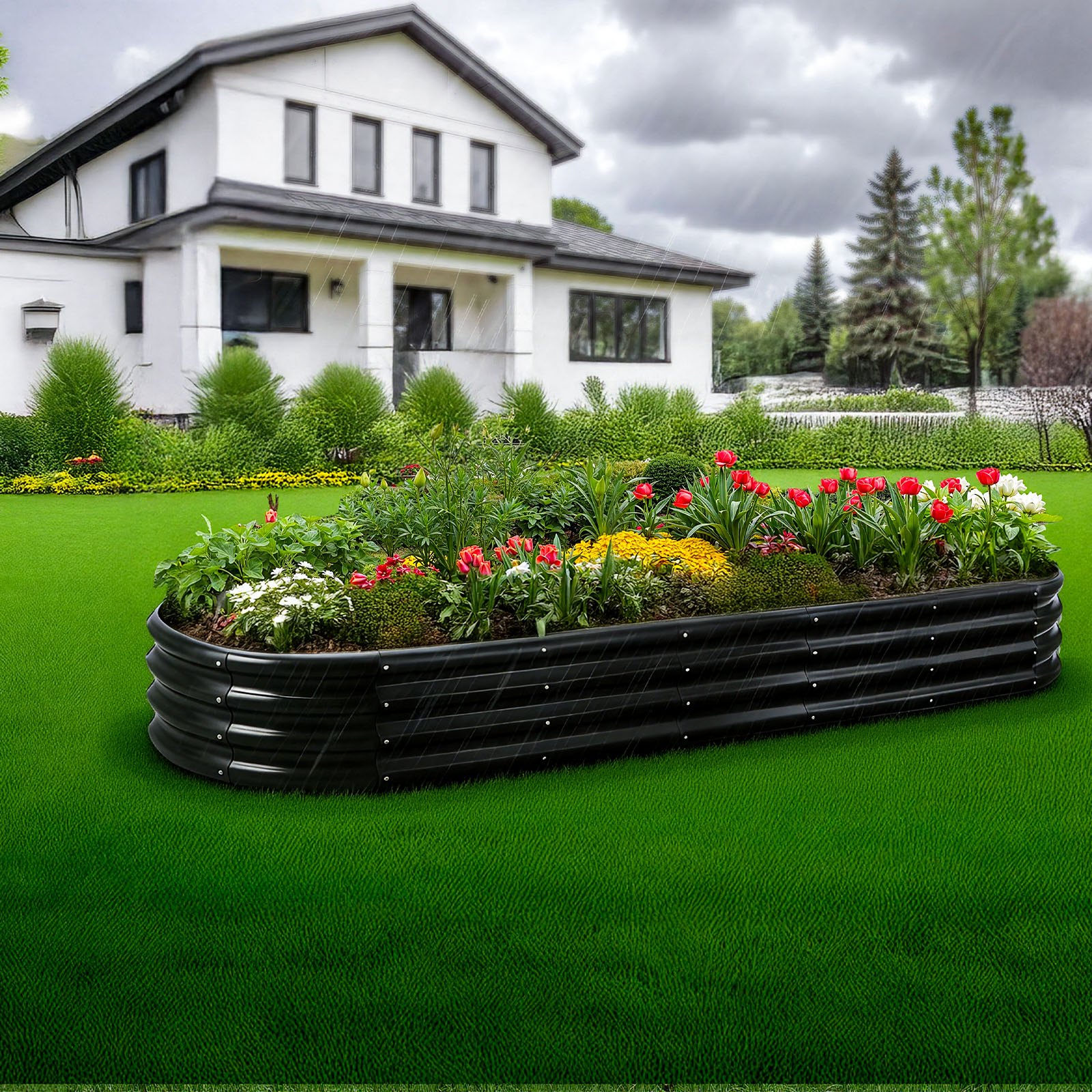 VEVOR Podwyższona grządka ogrodowa, metalowa, 2400x600x290 mm, grządka do sadzenia, grządka warzywna, donica z otwartym dnem i zaokrąglonymi krawędziami, grządka kwiatowa, grządka ziołowa, idealna do warzyw, kwiatów, ziół i sukulentów, owalna