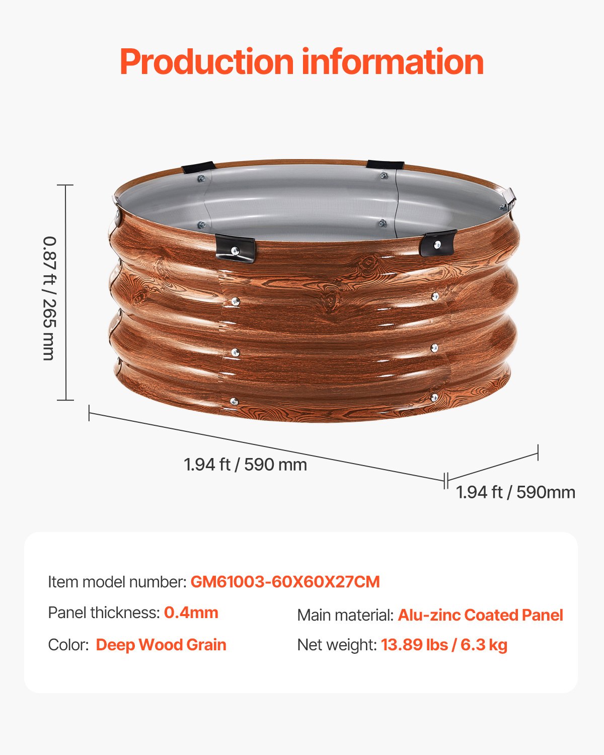Metalowa podniesiona grządka VEVOR, 590 x 265 mm, zestaw 3 szt., ocynkowana donica, otwarte dno, ogród warzywny, grządka do uprawy warzyw, kwiatów, ziół i sukulentów, głębokie usłojenie drewna