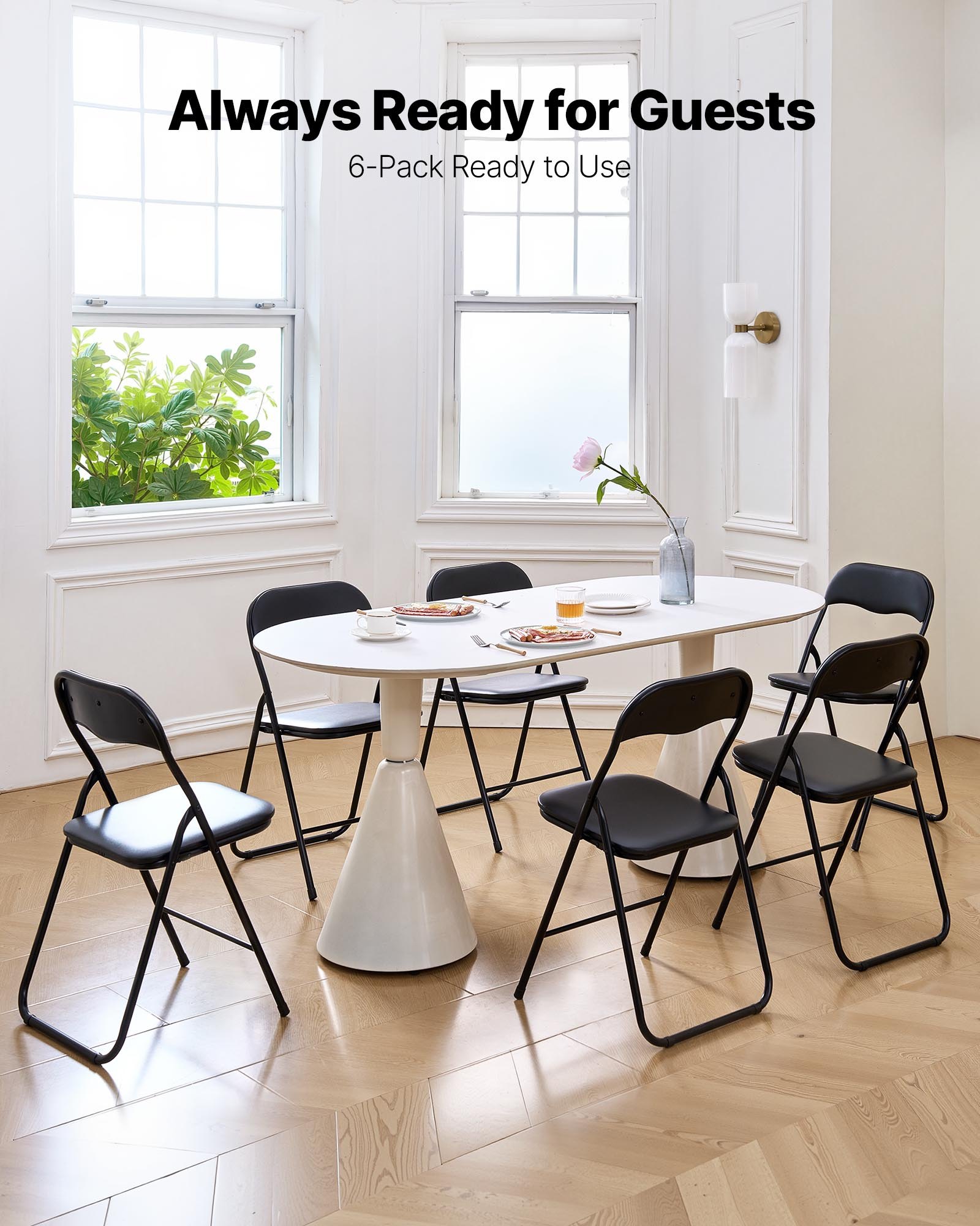 VEVOR Zestaw 6 składanych krzeseł, składane krzesło skórzane, przenośne krzesło kempingowe z metalową ramą i wyściełaną poduszką, składane siedziska do użytku wewnątrz i na zewnątrz, składane krzesło do domu, ogrodu, na imprezy, czarne