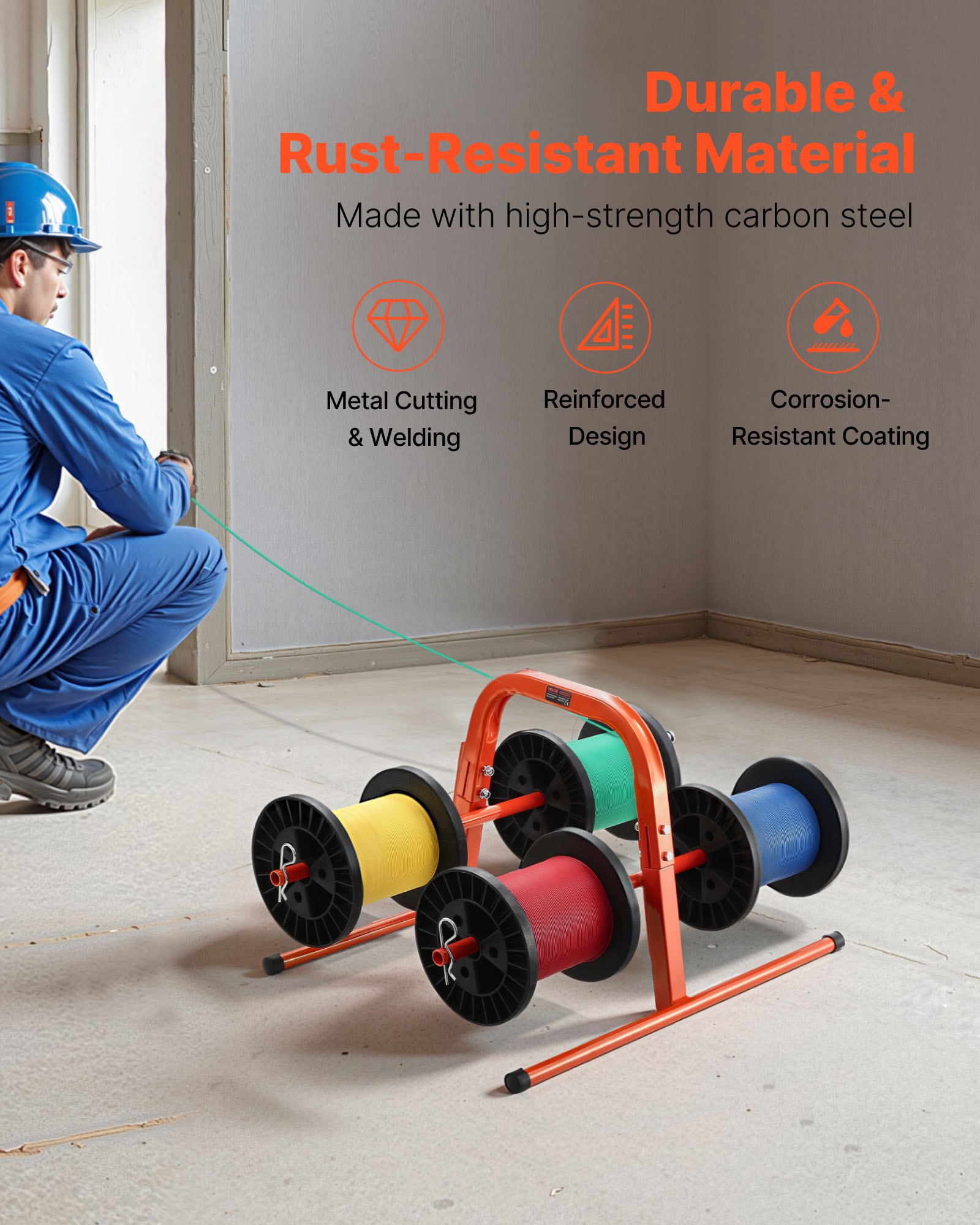 Uchwyt na szpule drutu VEVOR, pojemność 45 kg, ręczny podajnik kabli, stojak z rur stalowych, do przechowywania do 8 szpul o maks. średnicy 24 cm w różnych warunkach