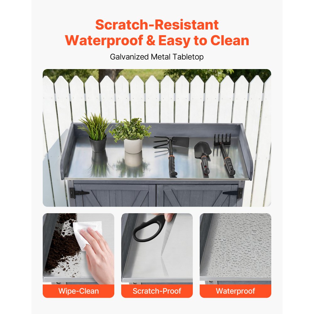 Stół do sadzenia VEVOR, stół ogrodnika, stół roboczy do ogrodu z szafką dolną, ocynkowanym żeliwnym blatem i 4 kółkami, szafka ogrodowa z dużą przestrzenią do przechowywania, stolik na kwiaty na patio i do ogrodu, szary, 915 x 405 x 1015 mm