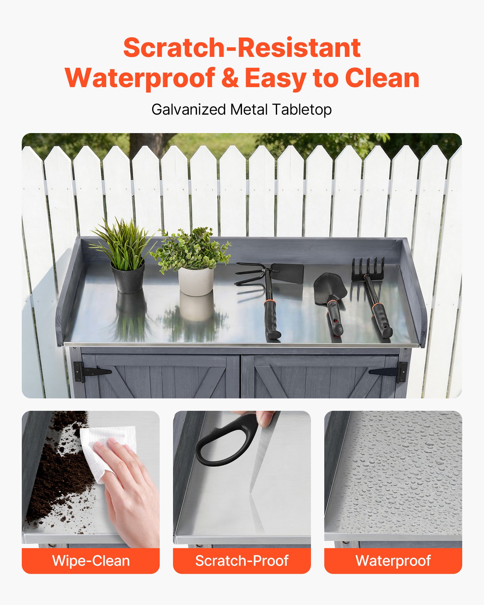 Stół do sadzenia VEVOR, stół ogrodnika, stół roboczy do ogrodu z szafką dolną, ocynkowanym żeliwnym blatem i 4 kółkami, szafka ogrodowa z dużą przestrzenią do przechowywania, stolik na kwiaty na patio i do ogrodu, szary, 915 x 405 x 1015 mm