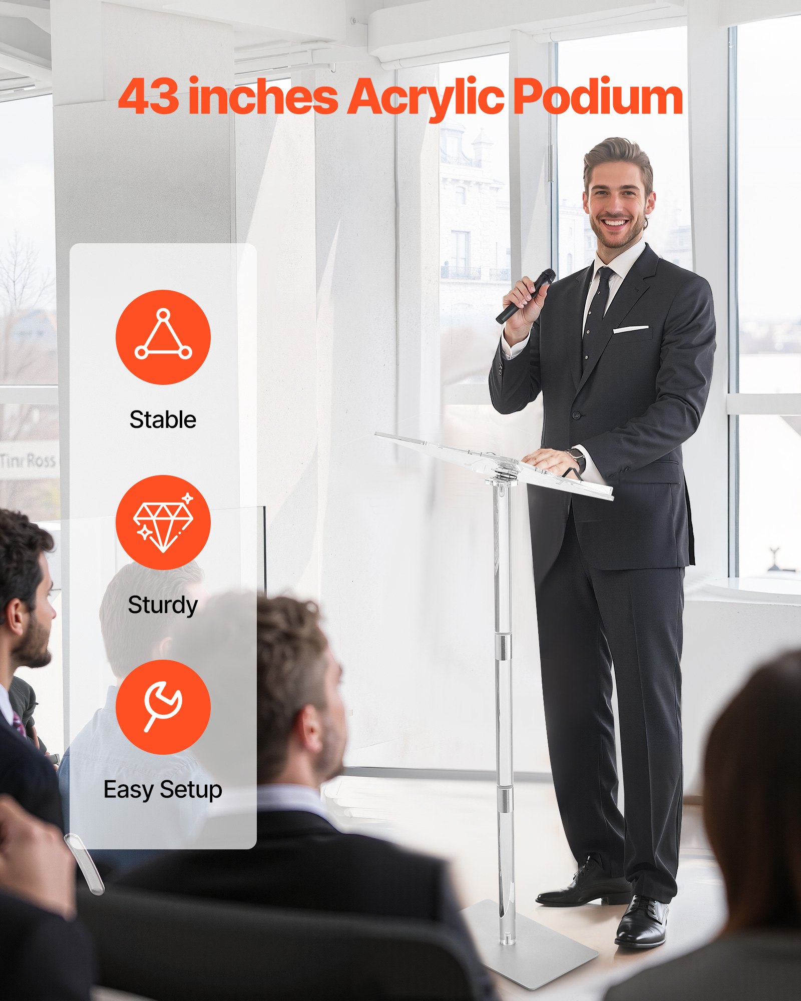 VEVOR Akrylowa mównica (1,22 m), przenośne biurko na laptopa z klipsami na książki i szeroką powierzchnią do czytania oraz regulowanym kątem, stojące na podłodze do sal lekcyjnych, wesel i konferencji