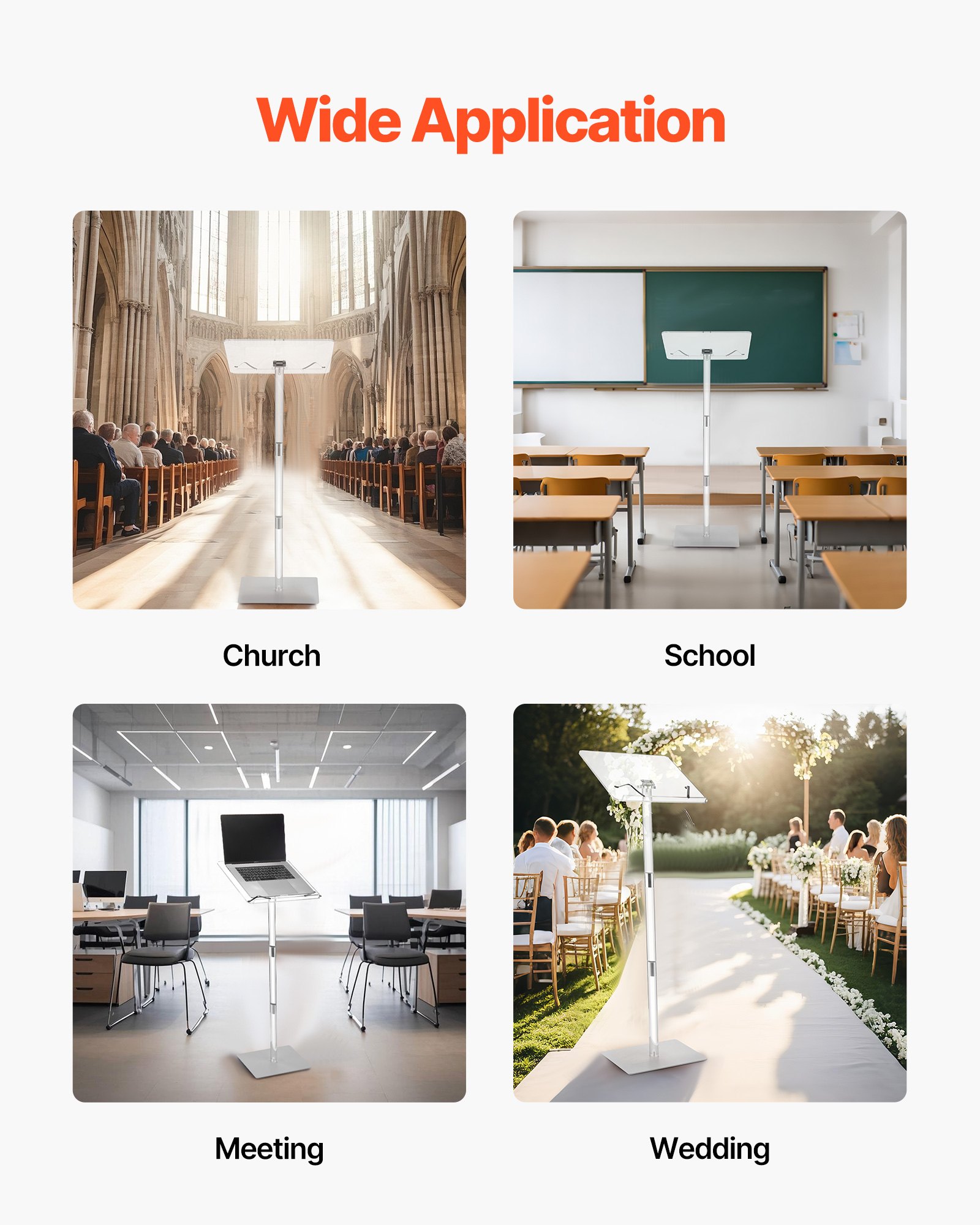 VEVOR Akrylowa mównica (1,22 m), przenośne biurko na laptopa z klipsami na książki i szeroką powierzchnią do czytania oraz regulowanym kątem, stojące na podłodze do sal lekcyjnych, wesel i konferencji
