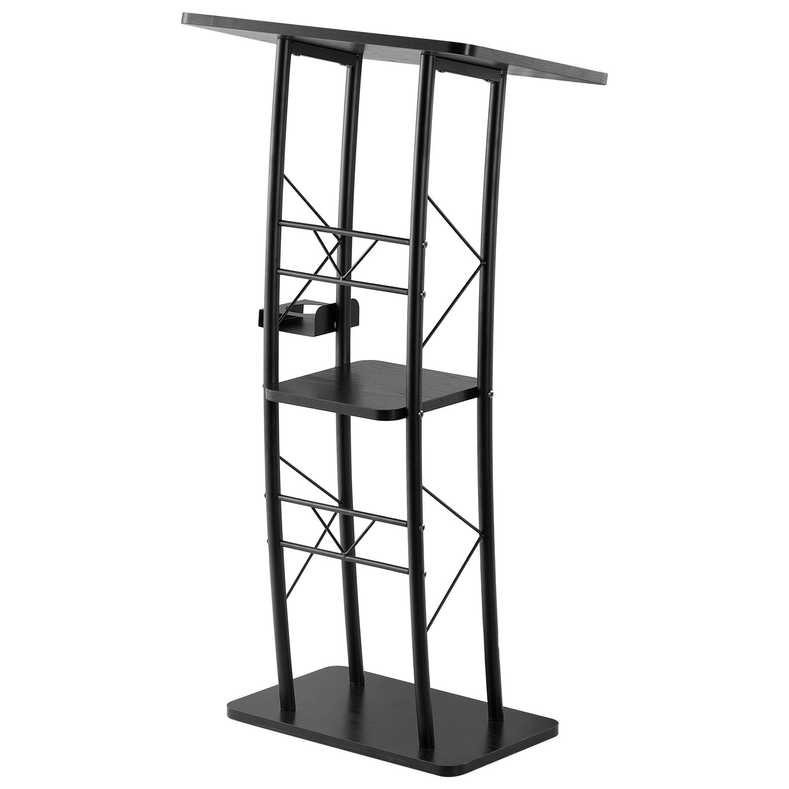 VEVOR Stojak na mównicę metalowy (wysokość 118 cm), zakrzywiony, stojący mównica z szeroką powierzchnią do czytania, otwartą przegrodą i uchwytem na kubek, do sal lekcyjnych, wesel, konferencji, przemówień