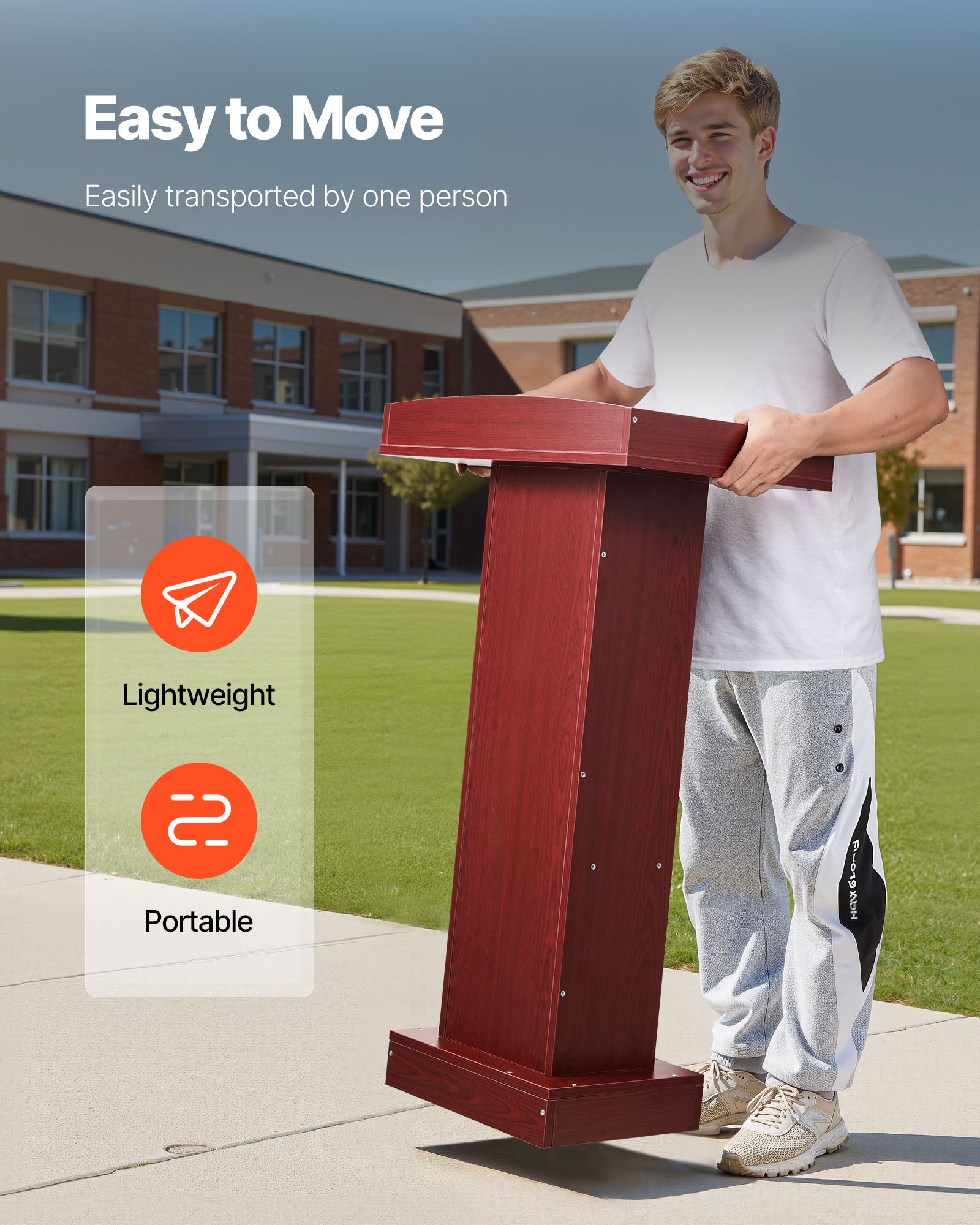 Drewniana mównica VEVOR (105 cm), biurko na laptopa z szeroką powierzchnią do czytania i miejscem do przechowywania, ogranicznikiem krawędzi i eleganckim wzornictwem, stojące na podłodze, do sal lekcyjnych, konferencji, kościołów