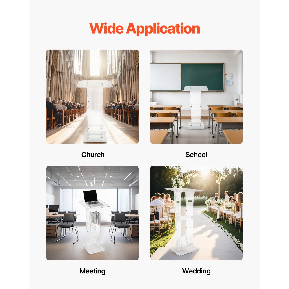 Podstawka pod laptopa VEVOR (109 cm) wykonana z akrylu, przenośna podstawka pod laptopa z szeroką powierzchnią do czytania, miejscem do przechowywania i blokadą książek, stojąca na podłodze, do sal lekcyjnych, wesel, konferencji