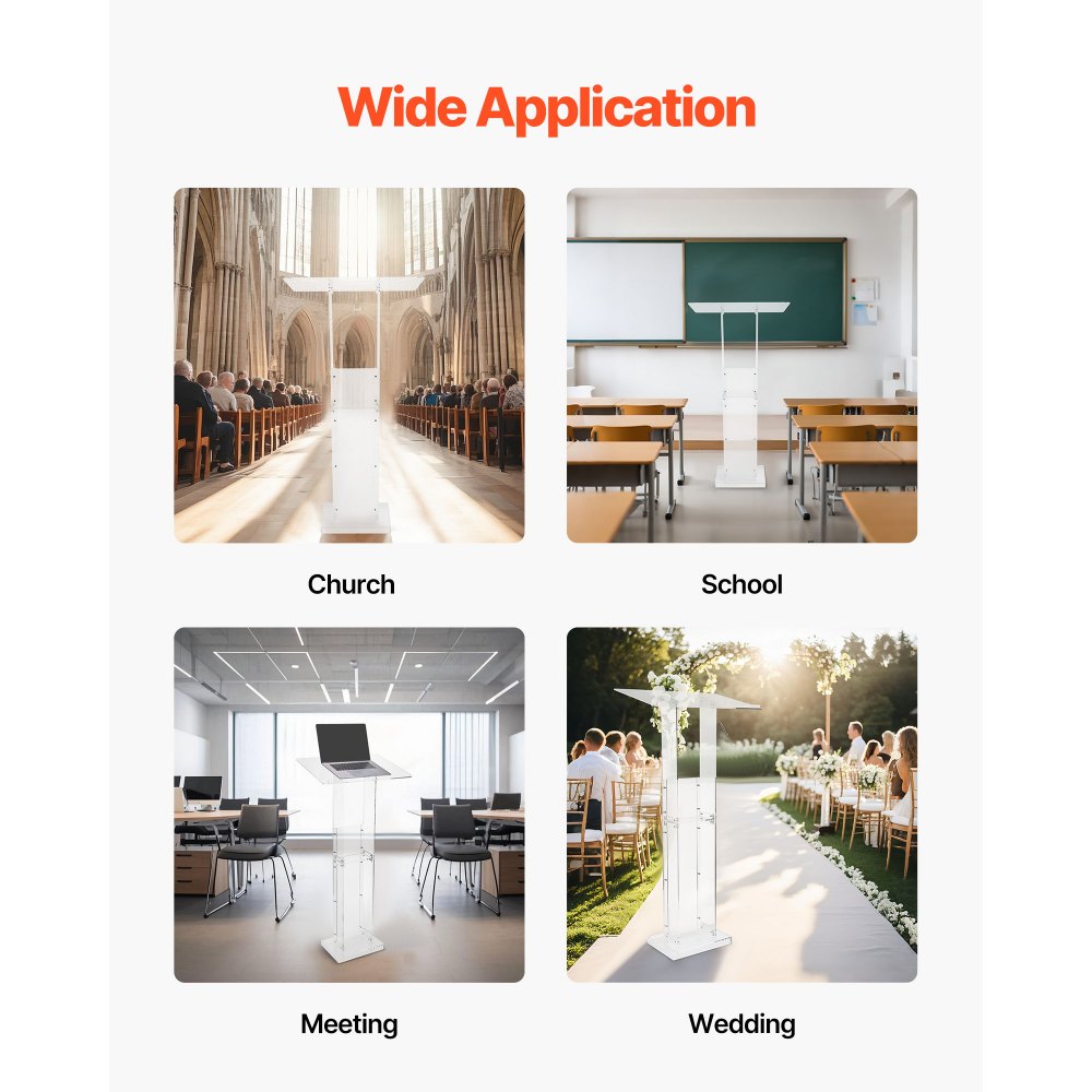 Podstawka pod laptopa VEVOR (1265 mm) wykonana z akrylu, przenośna podstawka pod laptopa z szeroką powierzchnią do czytania, miejscem do przechowywania i blokadą książek, stojąca na podłodze, do sal lekcyjnych, wesel, konferencji