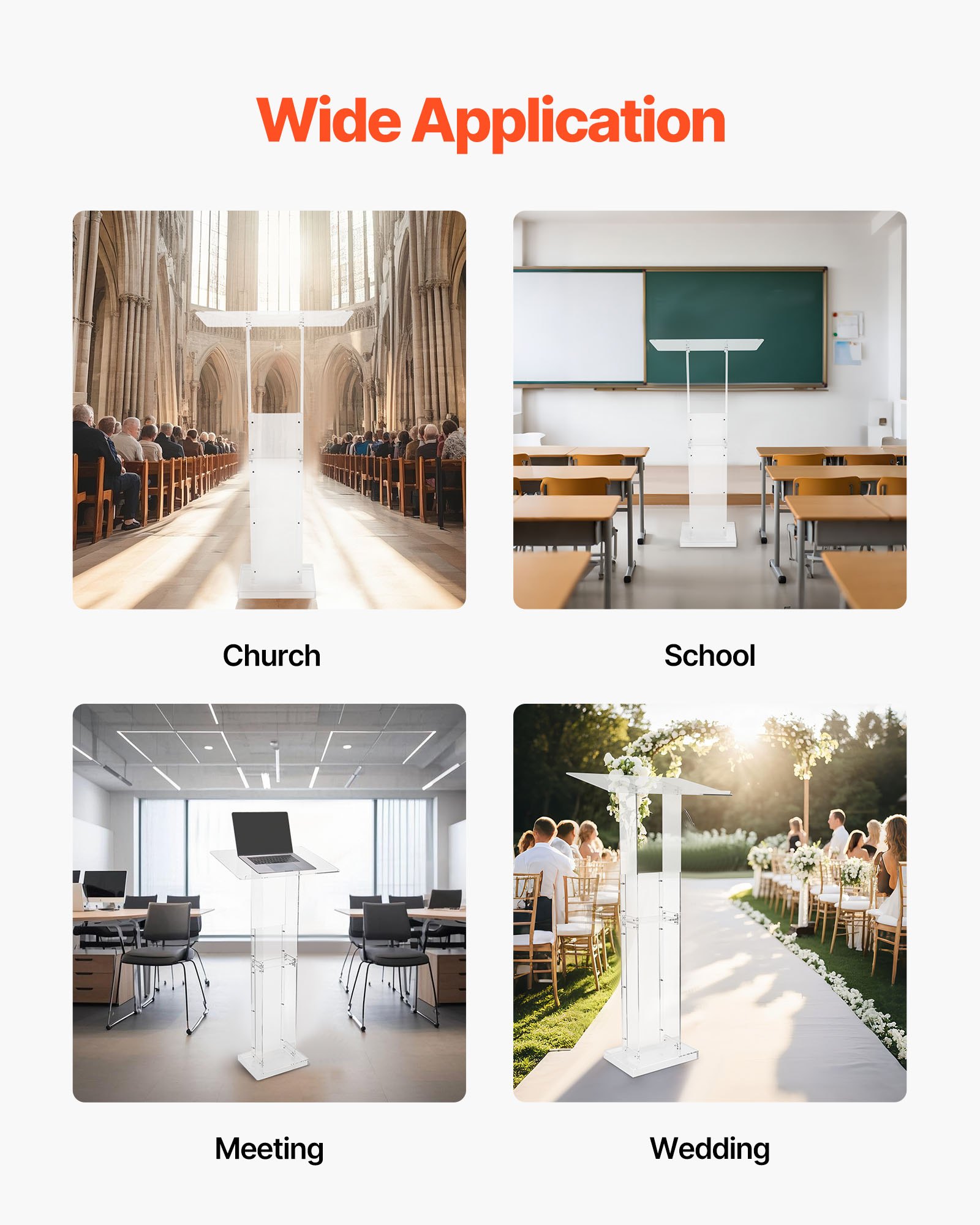 Podstawka pod laptopa VEVOR (1265 mm) wykonana z akrylu, przenośna podstawka pod laptopa z szeroką powierzchnią do czytania, miejscem do przechowywania i blokadą książek, stojąca na podłodze, do sal lekcyjnych, wesel, konferencji