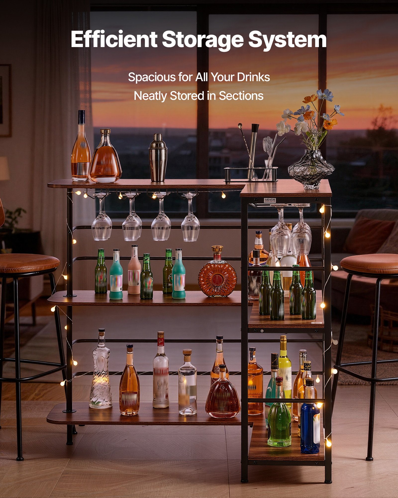 VEVOR L-kształtny barek domowy ze schowkiem, 3-poziomowy blat barowy z uchwytem na kieliszki do wina, nośność 99,8 kg, narożny blat barowy z drewna klejonego warstwowo do domu, kuchni, salonu, piwnicy, stolik barowy 1200 x 900 x 1095 mm