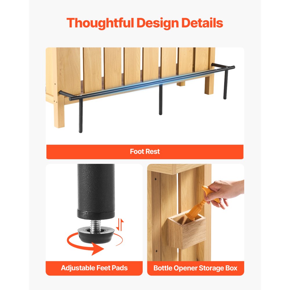 VEVOR Home Bar Unit, Wine Bar Cabinet Table 3-Tier with Storage Shelves, Opener Storage Box & Adjustable Foot Pads, Black Footrest, Wood & Metal Liquor Cabinet for Home, Basement, Kitchen, Living Room