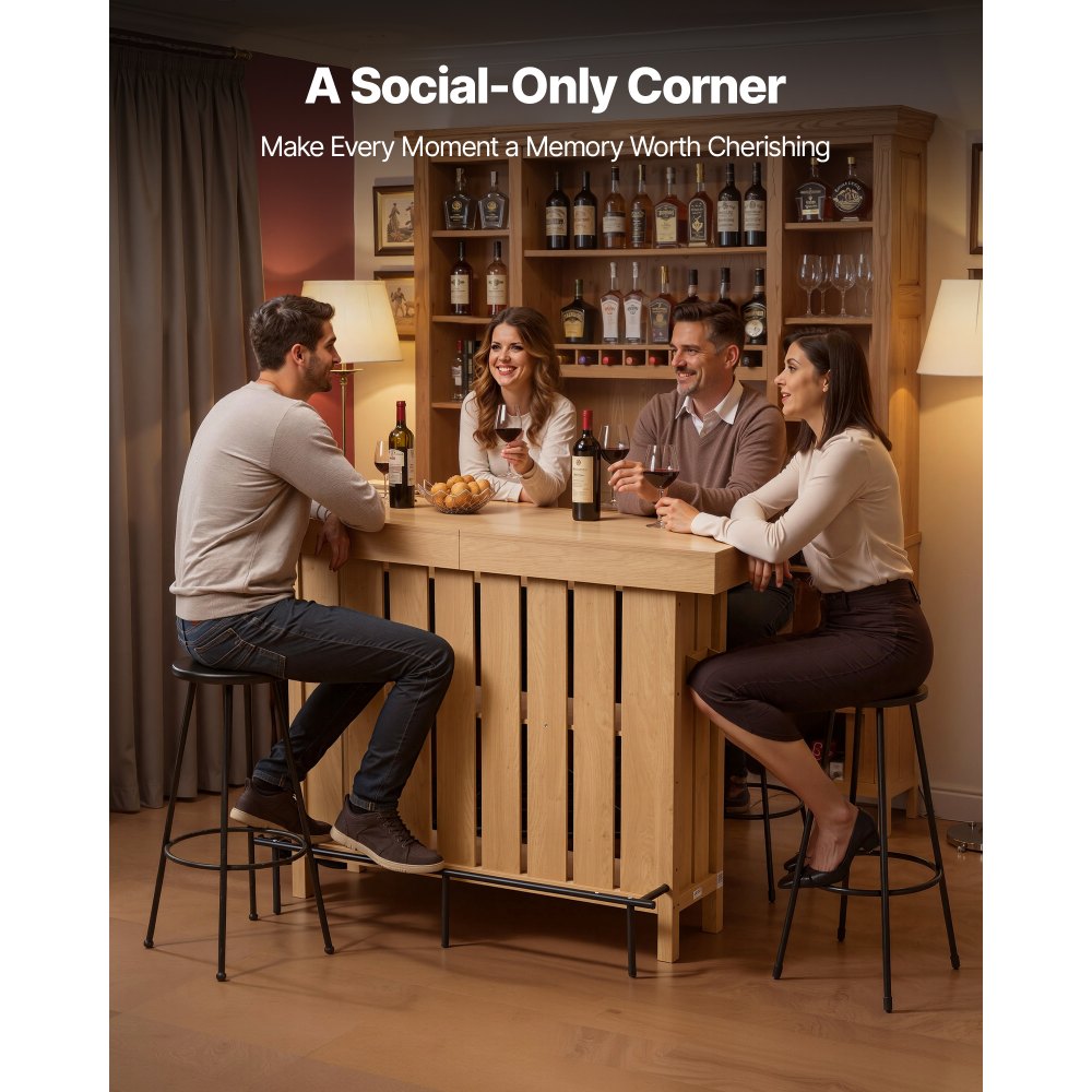 VEVOR Home Bar Unit, Wine Bar Cabinet Table 3-Tier with Storage Shelves, Opener Storage Box & Adjustable Foot Pads, Black Footrest, Wood & Metal Liquor Cabinet for Home, Basement, Kitchen, Living Room