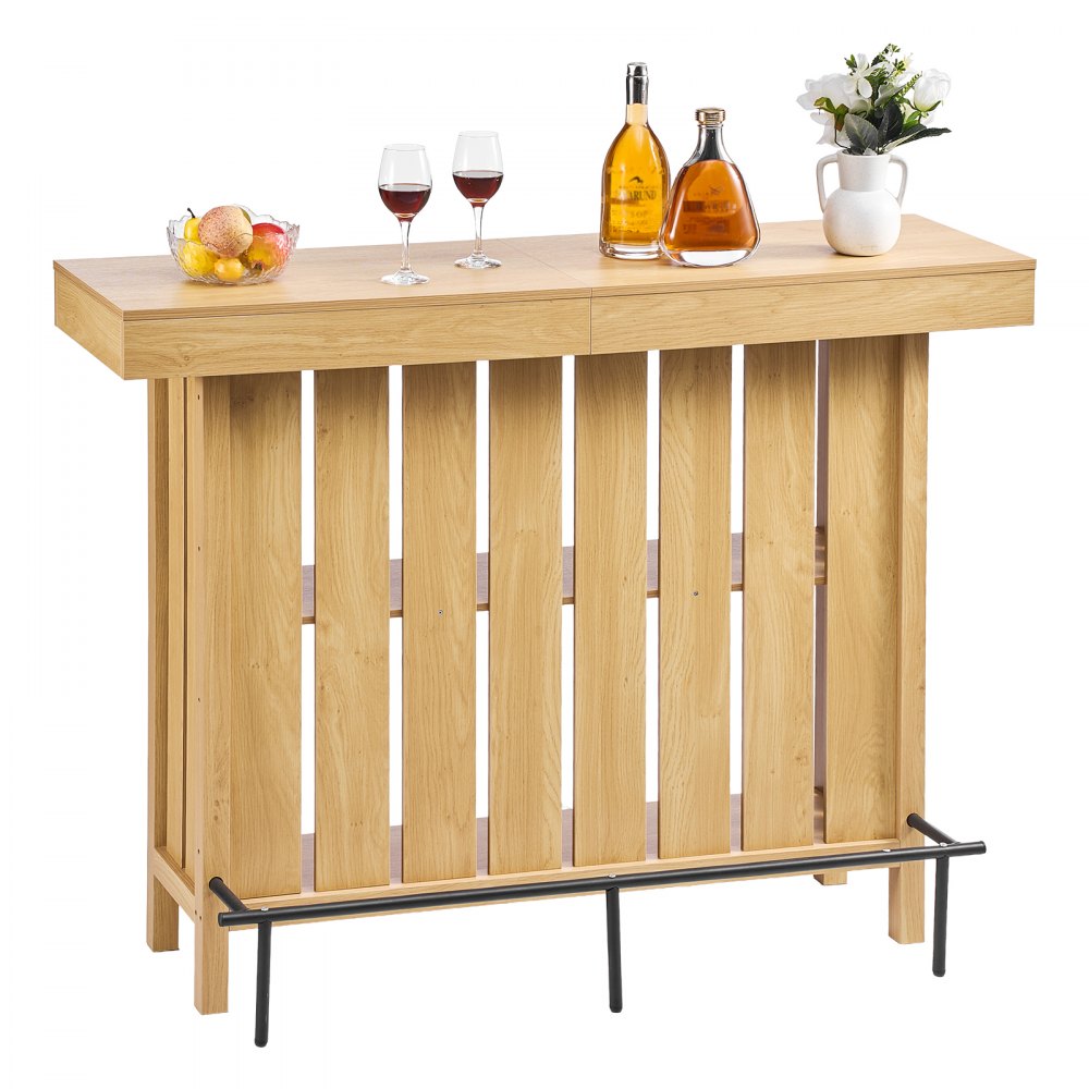 VEVOR Home Bar Unit, Wine Bar Cabinet Table 3-Tier with Storage Shelves, Opener Storage Box & Adjustable Foot Pads, Black Footrest, Wood & Metal Liquor Cabinet for Home, Basement, Kitchen, Living Room