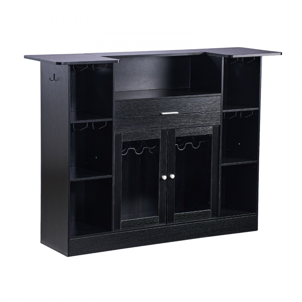 VEVOR Home Bar Unit, Wine Bar Cabinet Table 4-Tier with Storage Drawer Shelves, Wine Glass Holder, Bottle Rack, LED Light, Wood & Metal Liquor Cabinet for Home, Basement, Kitchen, Living Room, Black