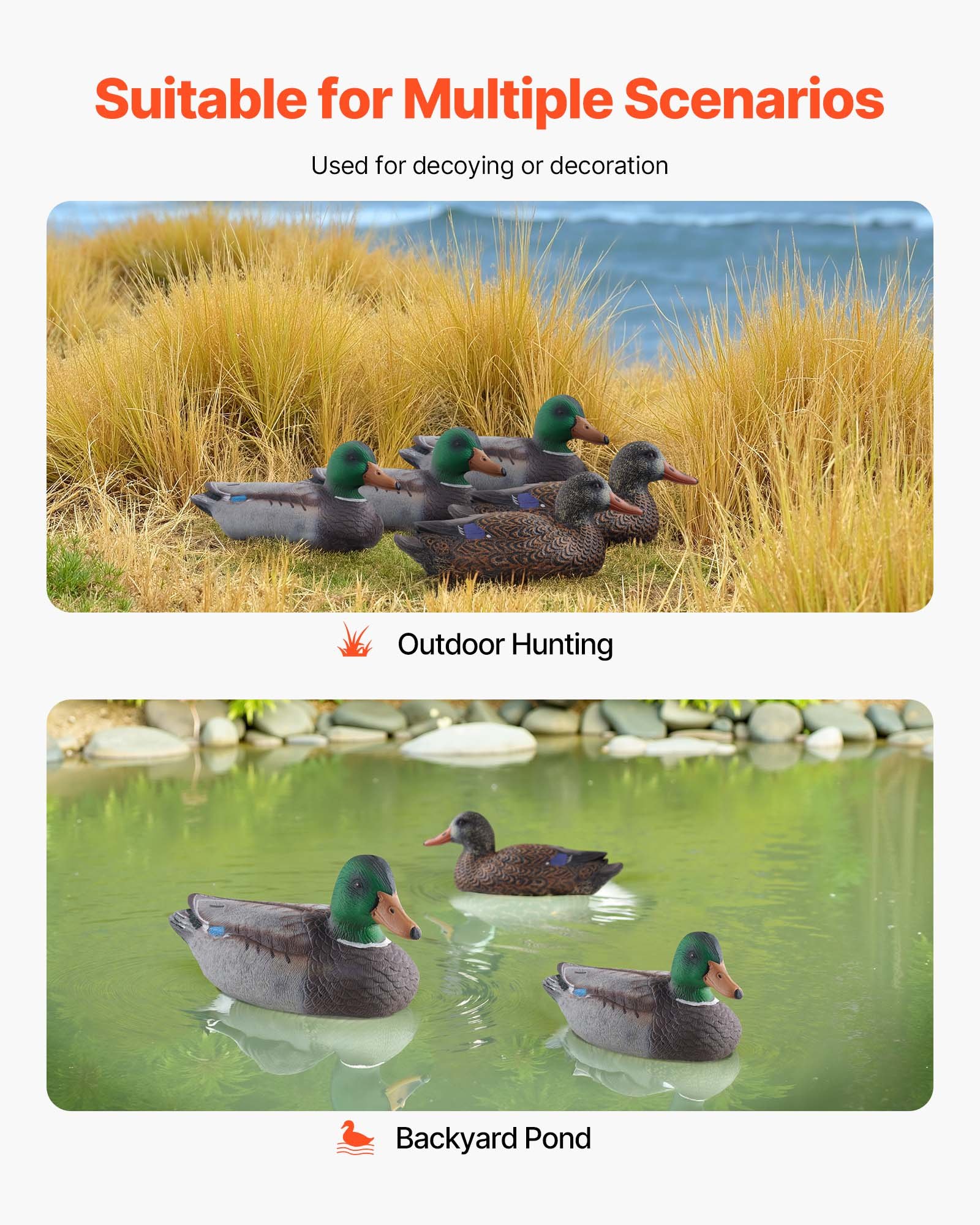 VEVOR Duck Decoys Sztuczne, pływające wabiki na kaczki, z obciążeniem skierowanym do przodu, plastikowa przynęta do polowania na kaczki do użytku na zewnątrz, do oczka wodnego, dekoracja ogrodu, 6 sztuk.