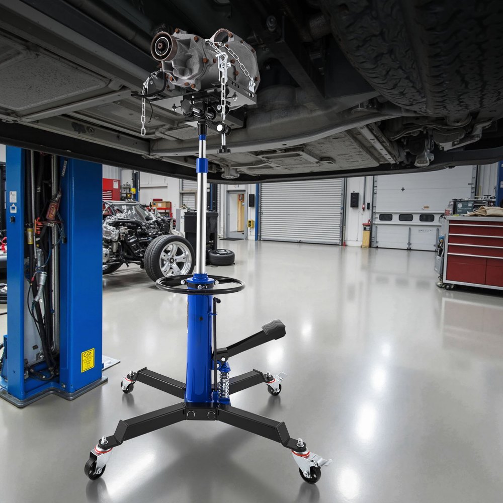 Podnośnik hydrauliczny do skrzyni biegów VEVOR, podnośnik samochodowy o udźwigu 600 kg, teleskopowy podnośnik do skrzyni biegów z pedałem i podwójną teleskopową skrzynią biegów, wysokość podnoszenia 88-176 cm, podnośnik garażowy/warsztatowy, niebieski
