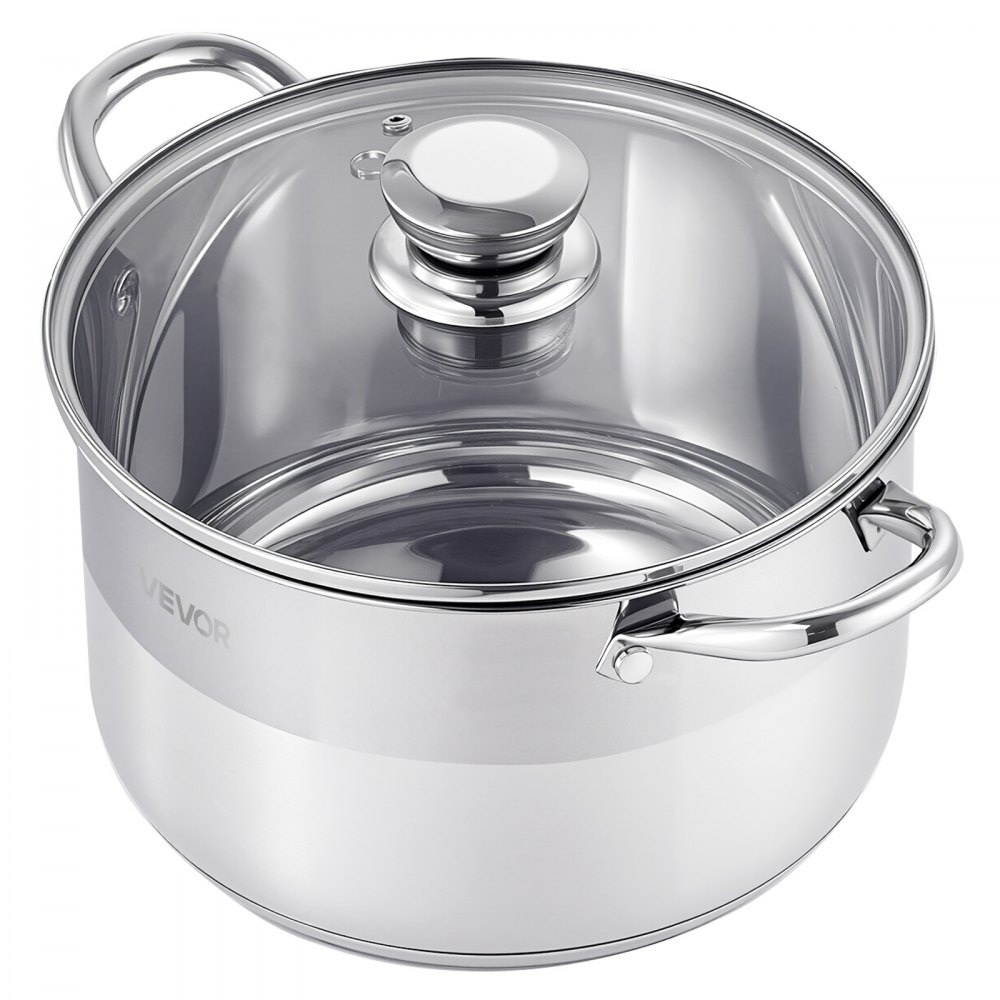VEVOR Garnek ze stali nierdzewnej 7,6 l do zupy ze szklaną pokrywką, kompatybilny z indukcją, wysokiej jakości garnek do makaronu, bez PFOA i PFAS, do kuchenek gazowych i elektrycznych, idealny do gulaszy, makaronów, zup