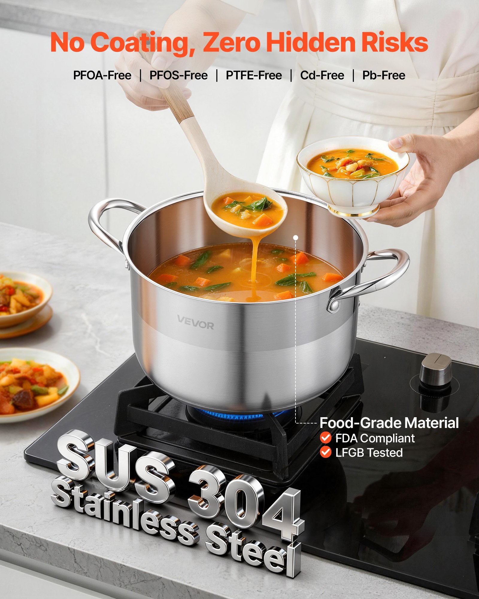 VEVOR Garnek ze stali nierdzewnej 7,6 l do zupy ze szklaną pokrywką, kompatybilny z indukcją, wysokiej jakości garnek do makaronu, bez PFOA i PFAS, do kuchenek gazowych i elektrycznych, idealny do gulaszy, makaronów, zup