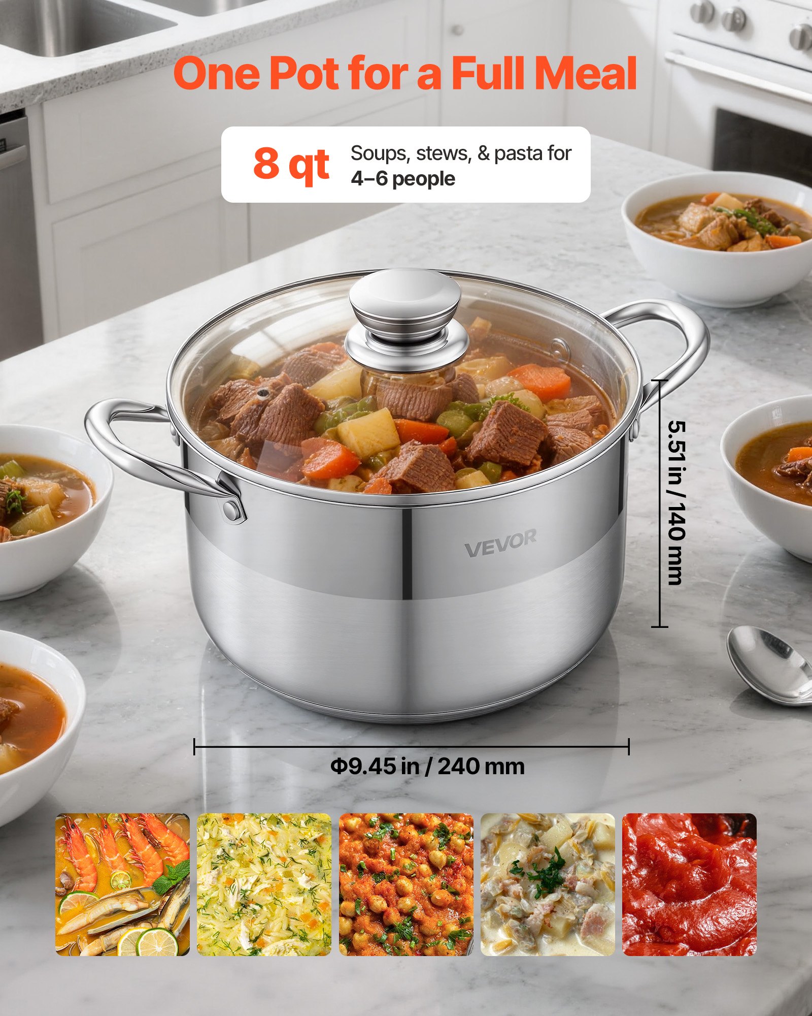VEVOR Garnek ze stali nierdzewnej 7,6 l do zupy ze szklaną pokrywką, kompatybilny z indukcją, wysokiej jakości garnek do makaronu, bez PFOA i PFAS, do kuchenek gazowych i elektrycznych, idealny do gulaszy, makaronów, zup