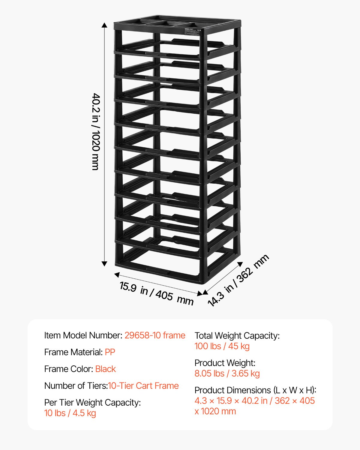 VEVOR 10-Tier Storage Frame with Large Capacity, Multifunctional Storage Organizer (Frame Only) Made of PP Material for Office Supplies, Tools, and Arts & Crafts, Black