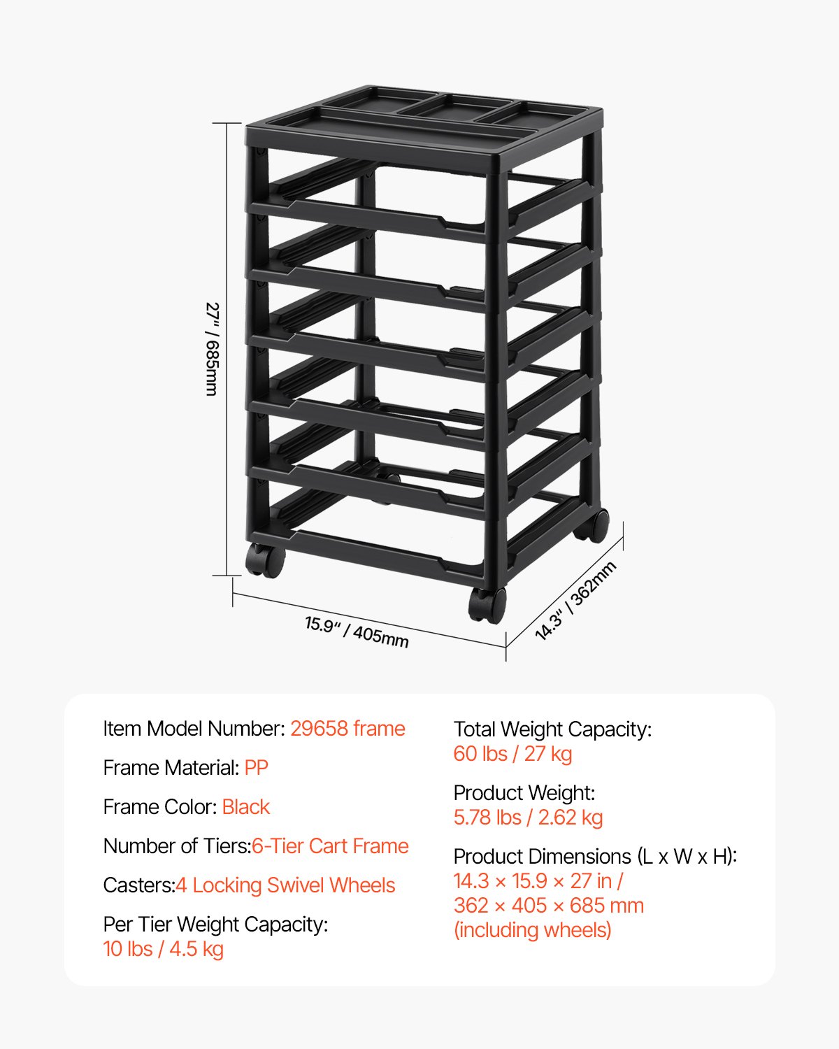 VEVOR Rolling Storage Frame, 6 Tiers, Large Capacity, Multifunctional Storage Organizer (Frame Only) Made of PP Material for Office Supplies, Tools, and Art Supplies, Black